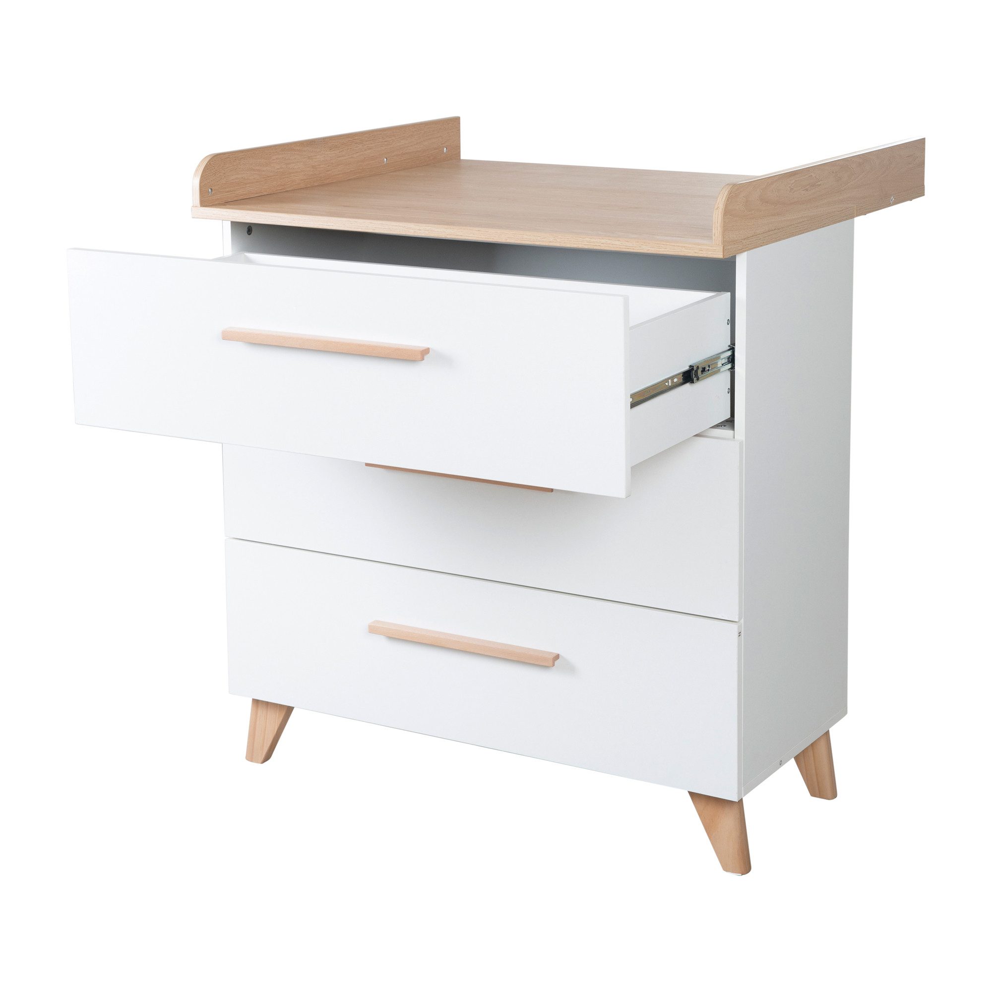 roba® Leon changing table - made of wood - in white with Othello oak decor - 3 drawers, with full extension - solid wood feet & handles