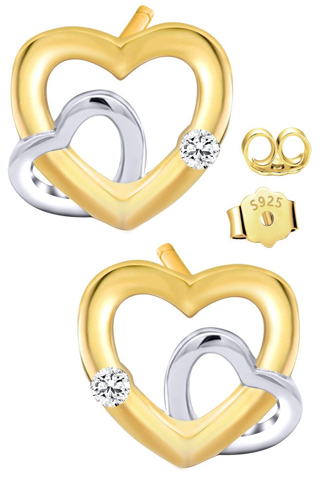 Paar Ohrstecker Bicolor Ohrringe 925 Silber Herz gold für Frauen Damen Freundin