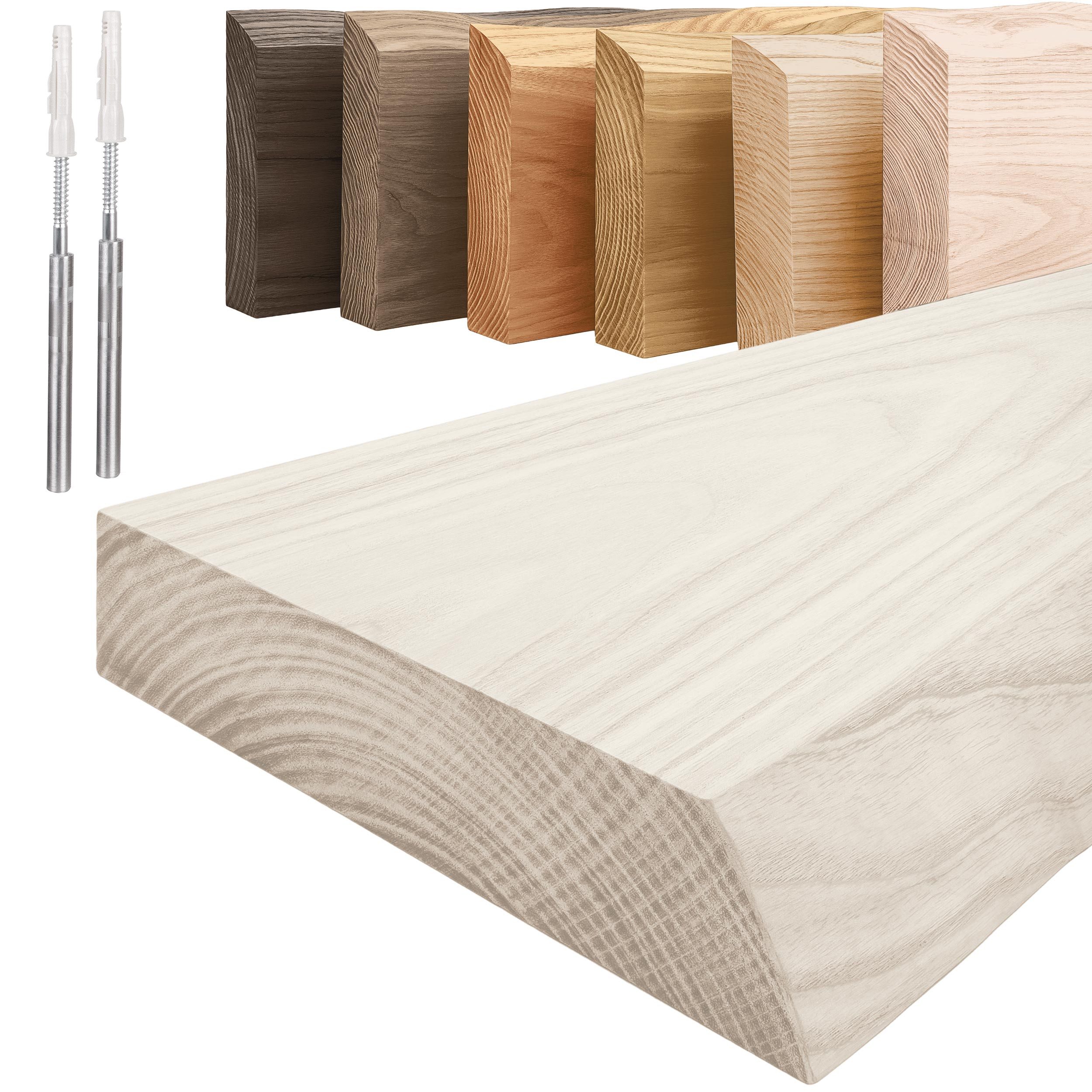 LAMO Manufaktur Wandregal Holz Baumkante Regal Farbe: Weiss Invisible: Schweberegal 40 cm, Komplett-Set, 40mm stake Massivholzplatte