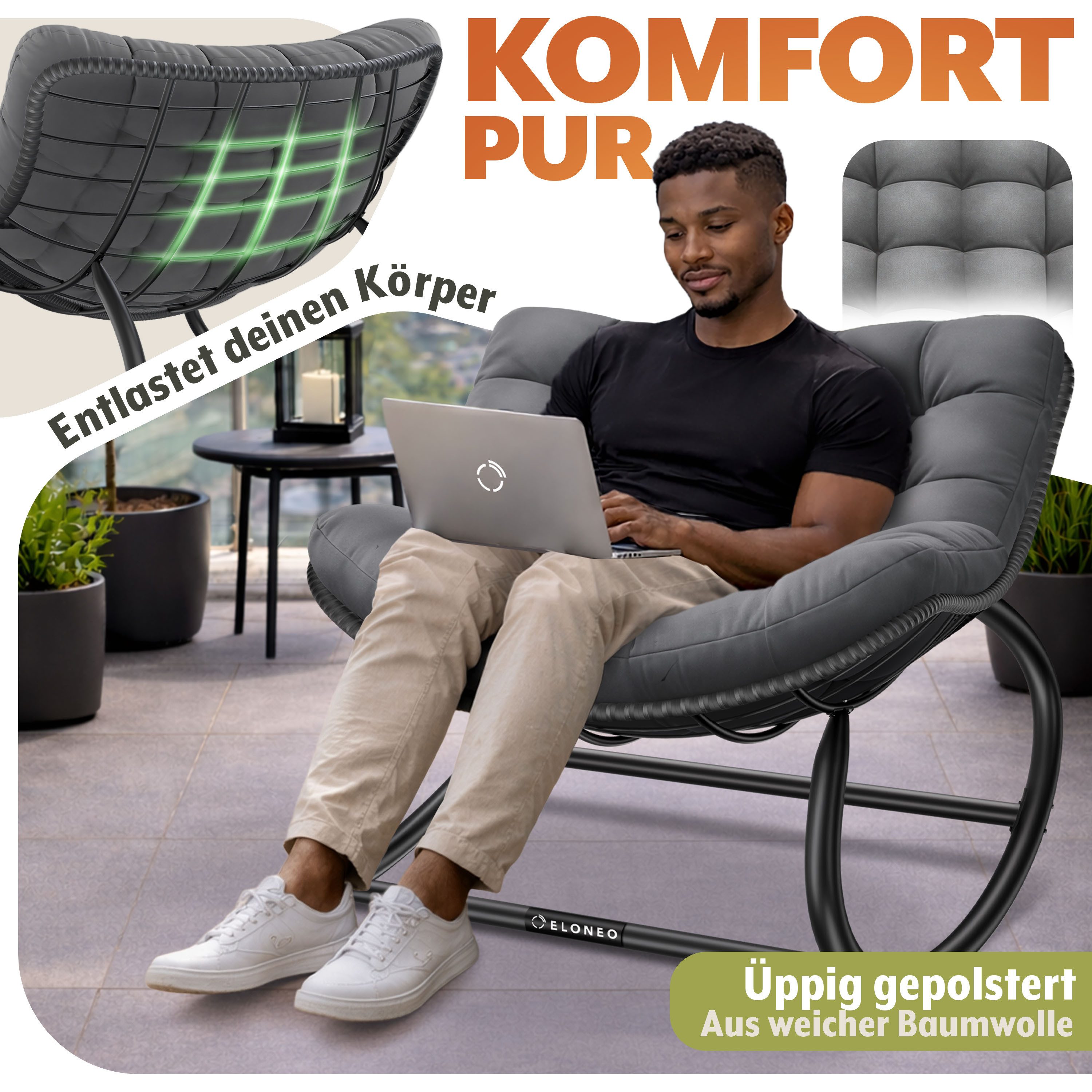 ELONEO Schaukelstuhl – Relax Schaukelsessel für Garten & Balkon (kippsicher, max. Belastung 120kg, witterungsbeständig), ergonomischer Loungesessel / Relaxsessel für Garten & Wohnzimmer