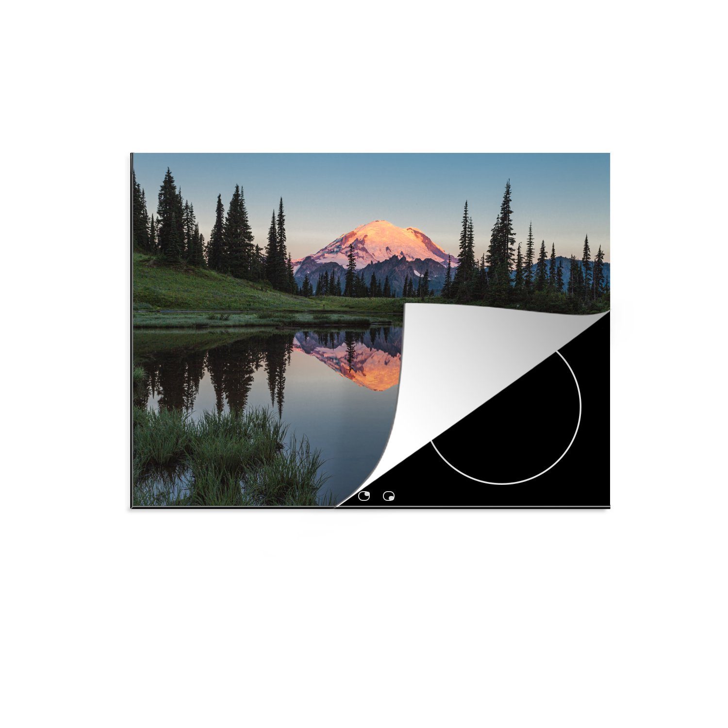 MuchoWow Herdblende-/Abdeckplatte Der Berg spiegelt sich im Wasser des Mount Rainier National Park, Vinyl, (1 tlg), 71x52 cm, Induktionskochfeld Schutz für die küche, Ceranfeldabdeckung