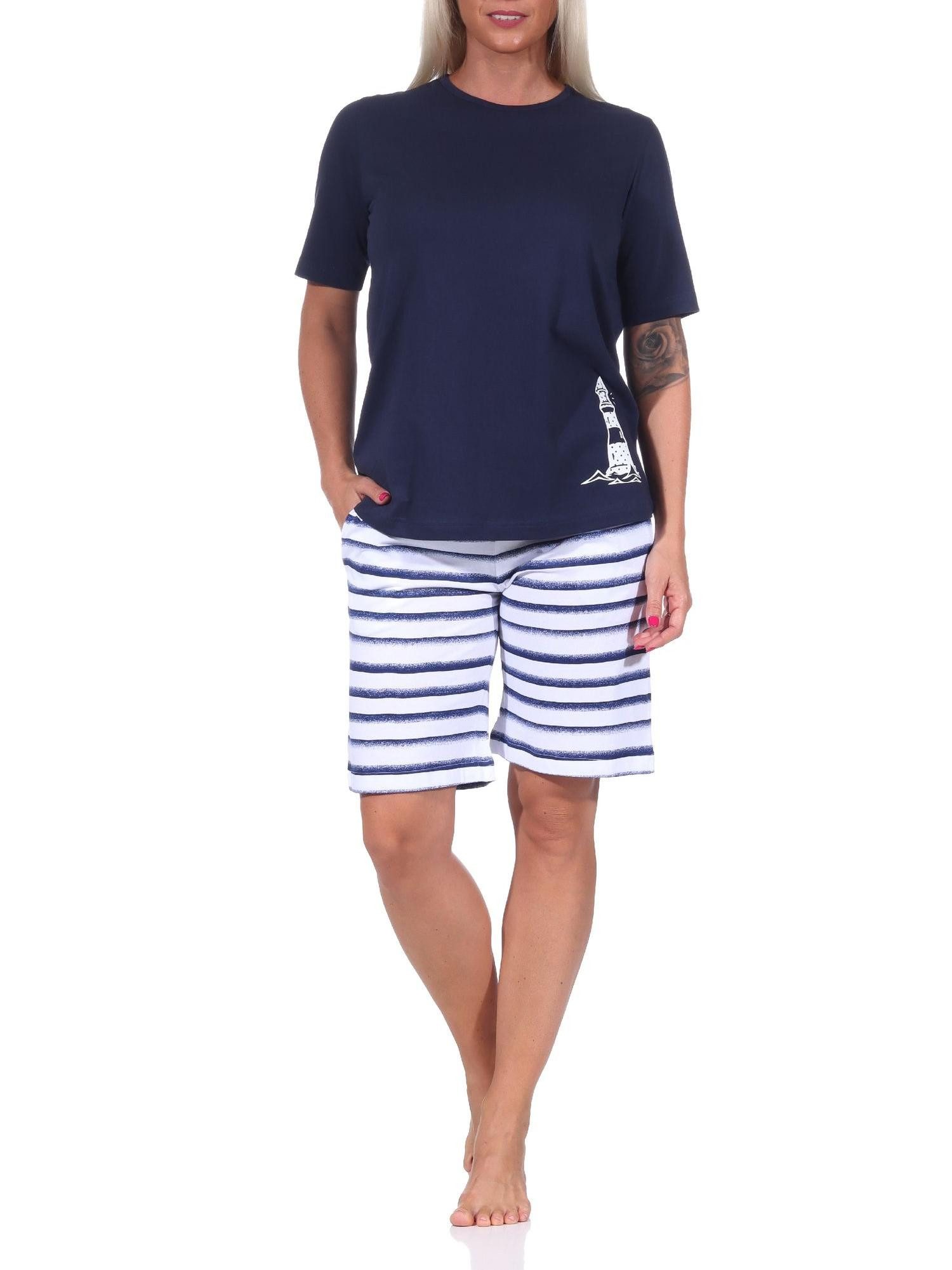 Normann Pyjama Maritimer Damen kurzarm Shorty Schlafanzug, Top mit Leuchturm Motiv