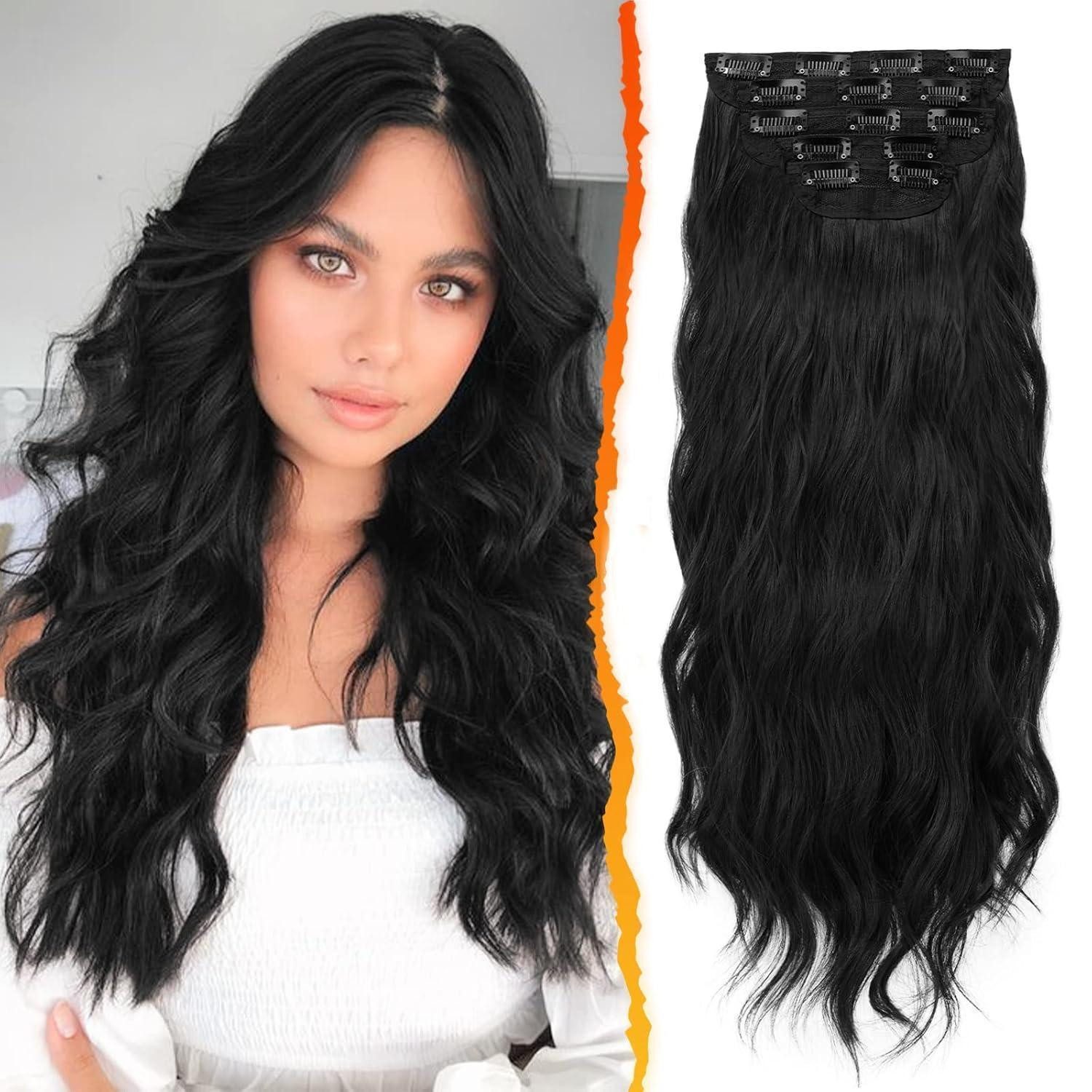 LuxusKollektion Kunsthaar-Extension Clip in Extensions Haarverlängerungen wellig 45 cm Natürliches Schwarz