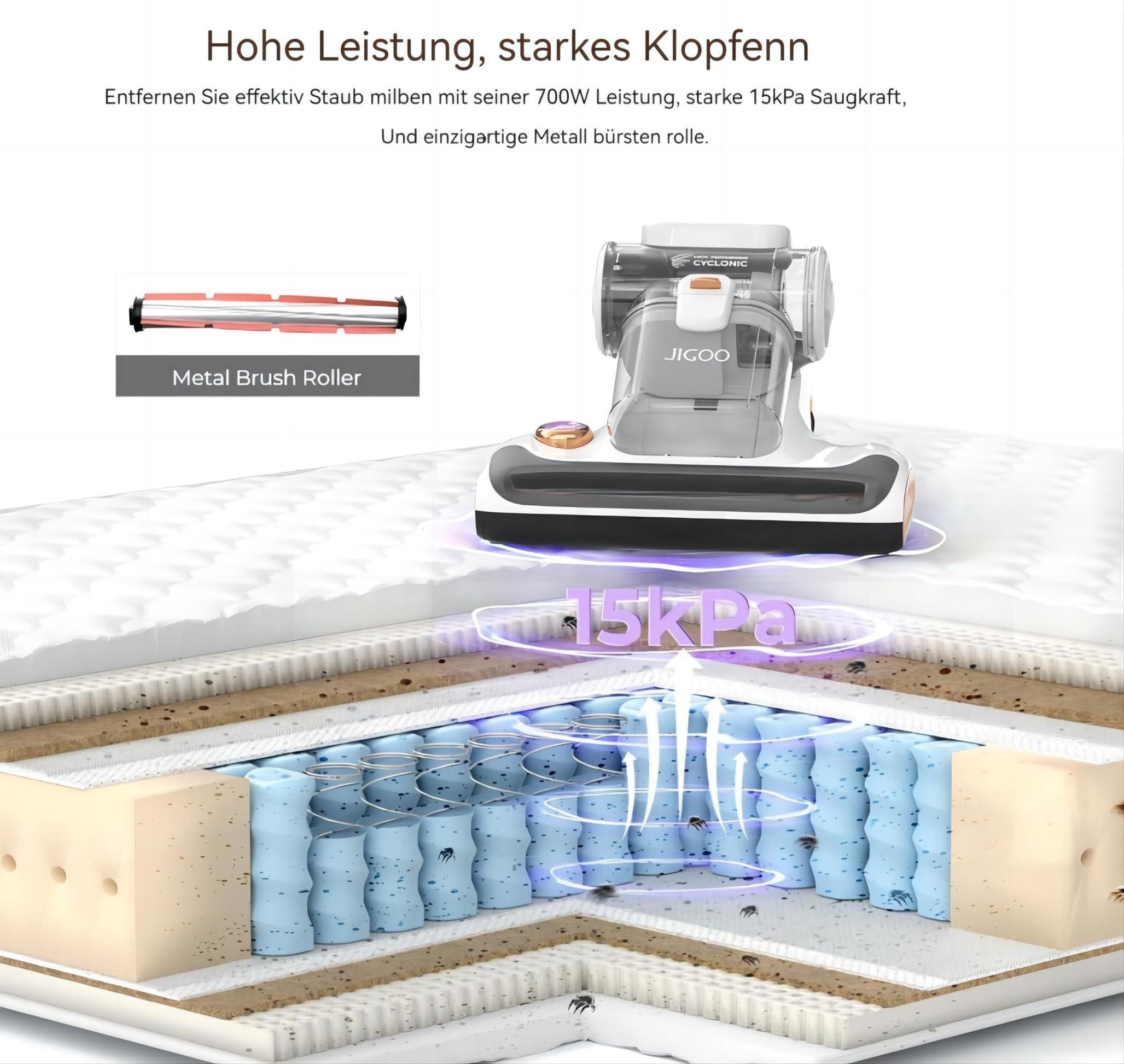 Jigoo Matratzenreinigungsgerät T600 Milbensauger Anti-Milben-Staubsauger, 700 W, 99,99 % Staubmilbenentfernung mit Aroma-Diffusionssystem