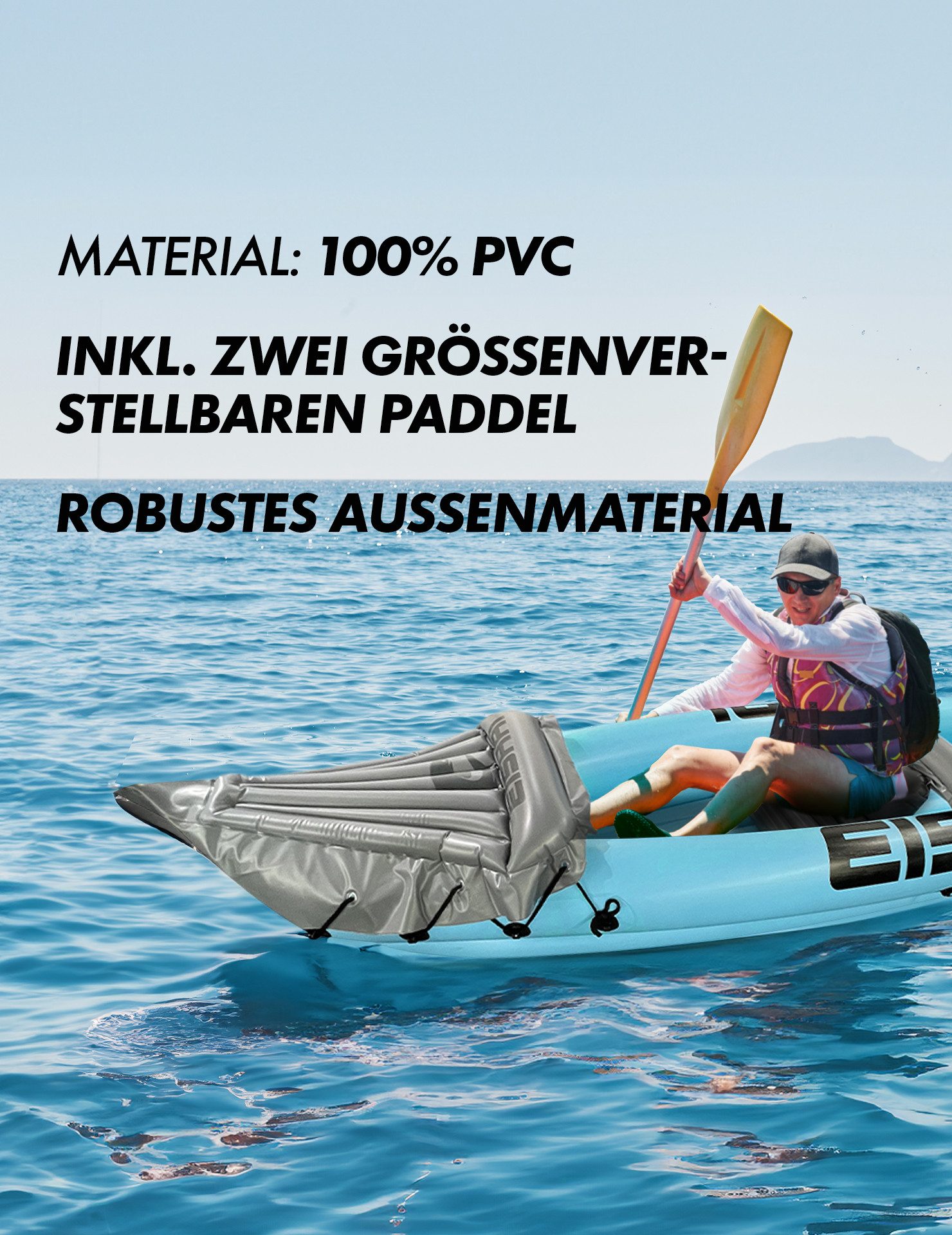 EISHAI Zweierkajak Flow 2-Personen aufblasbares Kajak, (geeignet für Paddeltouren auf Seen oder Flüssen), inkl. zwei größenverstellbaren Paddel und Pumpe