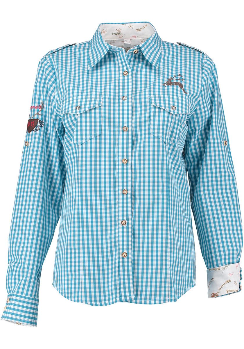 OS Trachten Trachtenbluse Fronix Langarmbluse mit Schulterklappen und Motivdruck auf der Brust