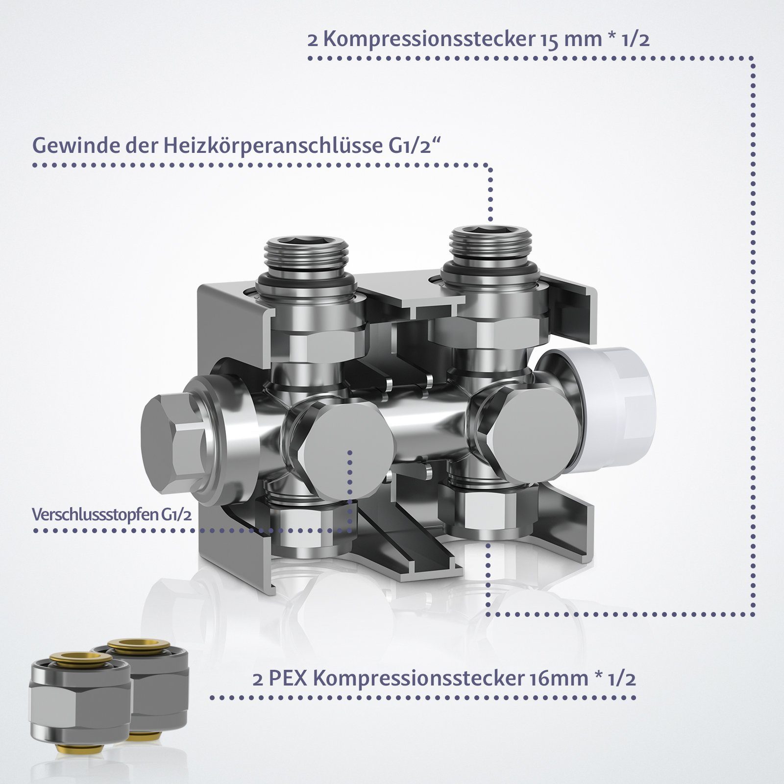 Heizkörper 1/2" Heizkörperventil Thermostatventil Weiß Anschluss Multiblock Aquamarin Hahnblock