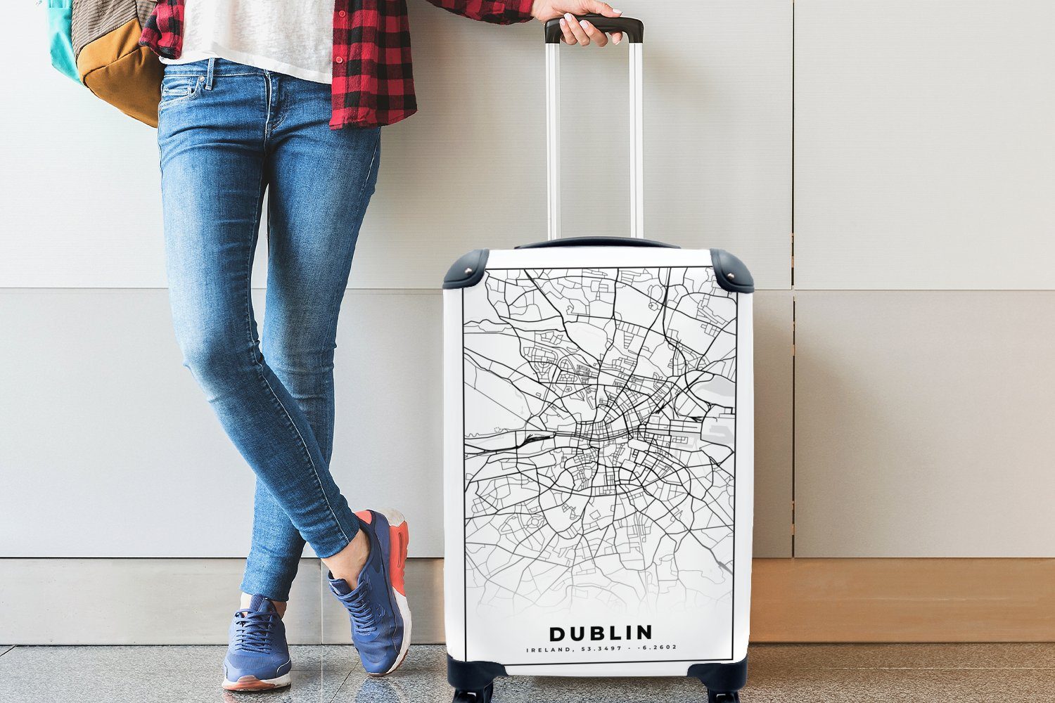 Ferien, - Dublin Reisetasche - Weiß Rollen, und Handgepäck 4 Trolley, Karte, Handgepäckkoffer für Stadtplan Reisekoffer rollen, Schwarz MuchoWow - mit