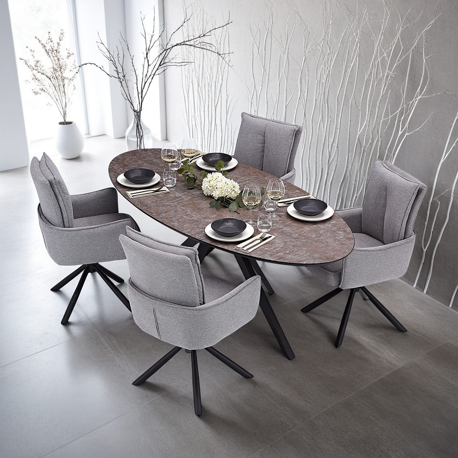 Homestyle4u Esstisch Esszimmertisch rund 200x100 cm Küchentisch Oval Metall rund Steinoptik (1-St., Kufentisch, Mocha Mousse, Spidergestell, Steinoptik, Konferenztisch), HPL (High Pressure Laminate), beschichtet, kratzfest, Industrial, matt