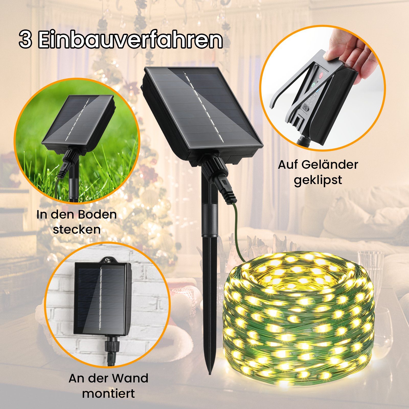 Tageslichtweiß, Warm, 30M Batterie, wechselbar, mit Solar Solarleuchte Gartenleuchte USB Elegear 300LEDs LED Laden LED
