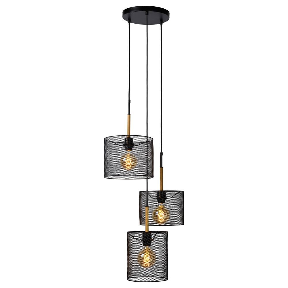 Lucide Pendelleuchte Pendelleuchte Basket aus Stahl in Schwarz und hellem Holz 3xE27
