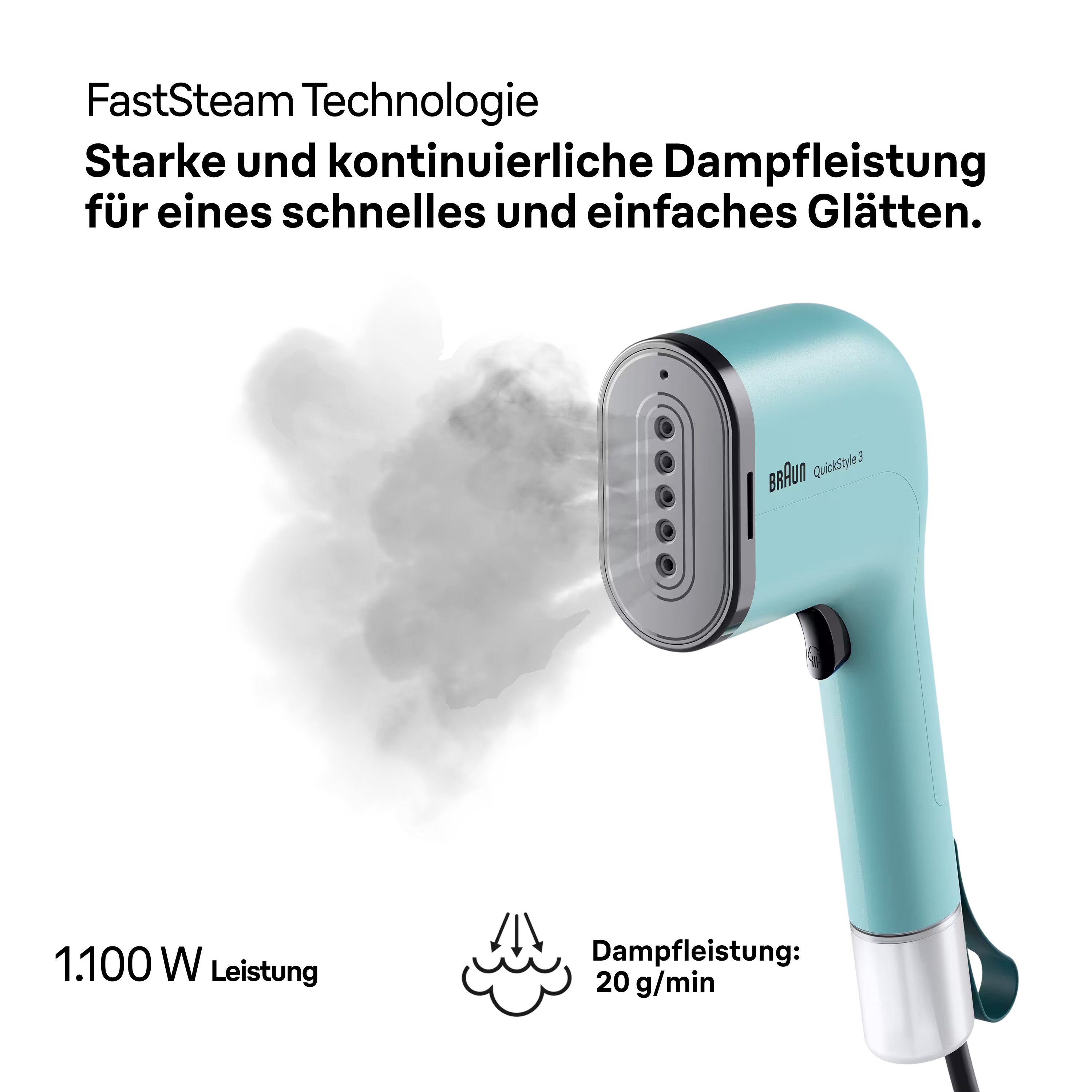 Braun Dampfbürste QuickStyle 3 GS 3013 GR - 20 g/min Dampfmenge, 30 Sek. Aufheizzeit, 1100 W, 1.100 W, 70 ml Wassertank, hitzebeständige Tasche, 2,0 m Kabel