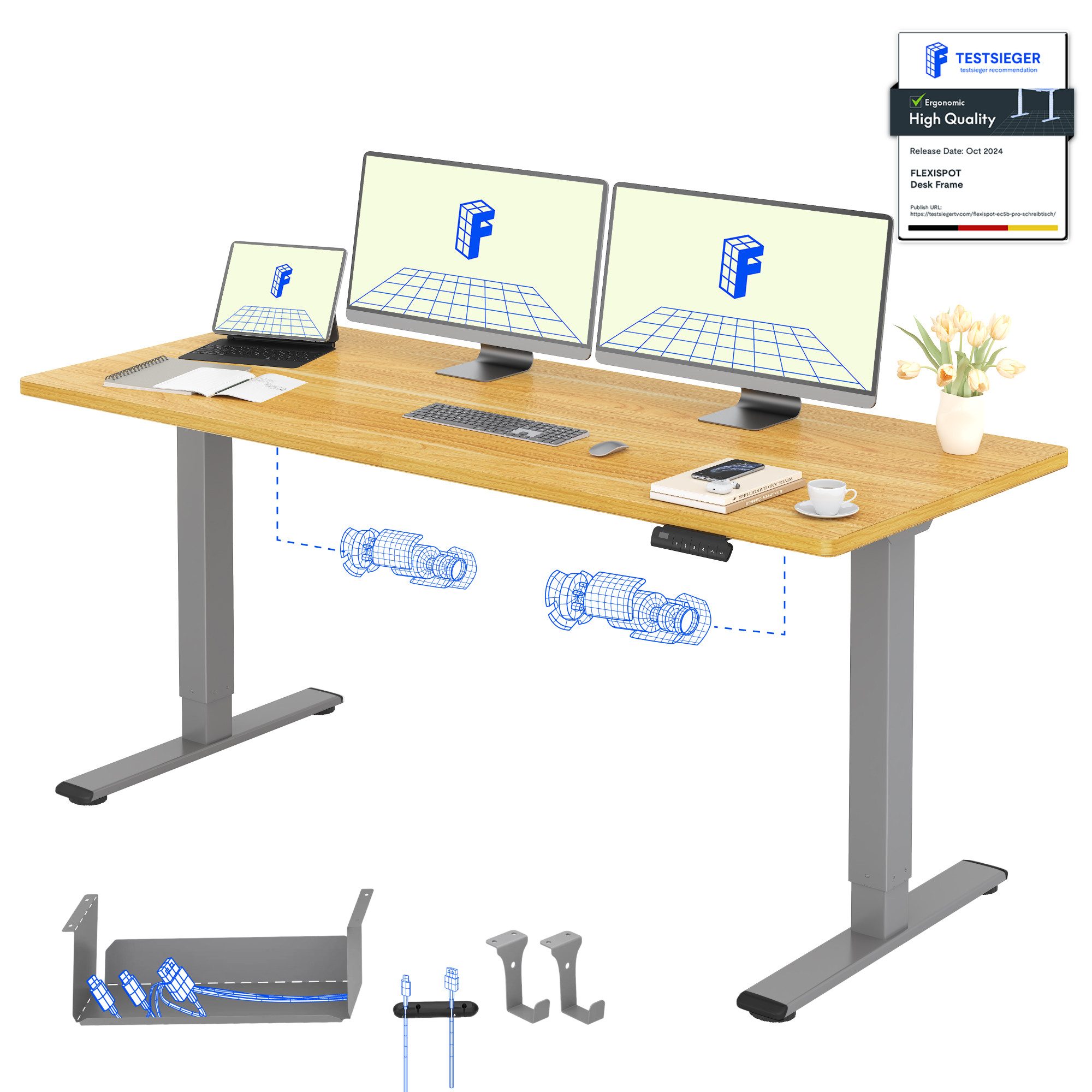 FLEXISPOT Schreibtisch Basic Plus höhenverstellbarer Schreibtisch mit Premium-Zubehör-Set (2 Motore & 2-Fach-Teleskop & 4 Höhenspeichertasten), MIT 25MM einteiliger Tischplatte, 120/140/160/180