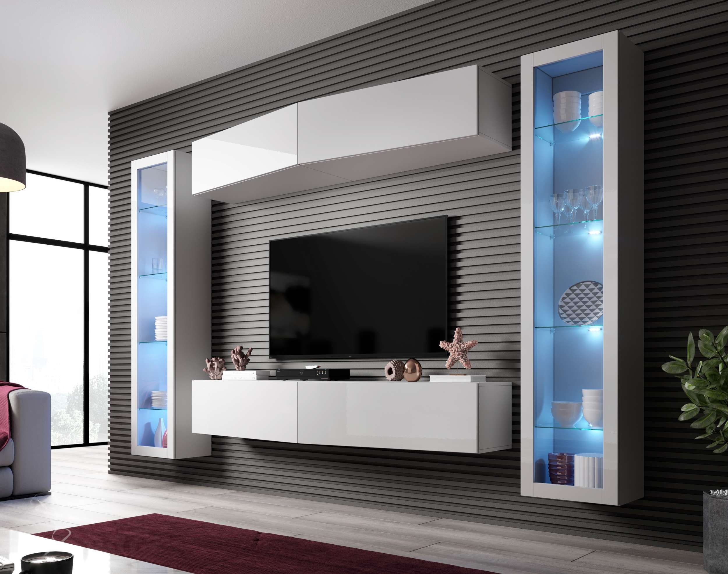 Wohnmöbel, VIII, bestehend Weiß aus 4xHängeschrank, - (Set Wohnwand Weiß Vago hängbar mit SLATE variabel Wohnzimmer-Set), Modern Matt Stylefy (6-St), Push-to-Open, 2xHängevitrine Hochglanz Design, und
