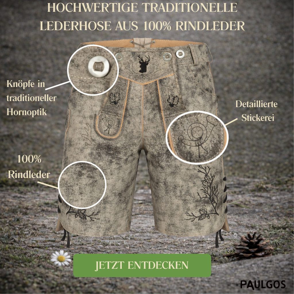 PAULGOS Trachtenhose Herren Lederhose Kurz mit Trägern 100% Echtleder - HK3 ANTIK