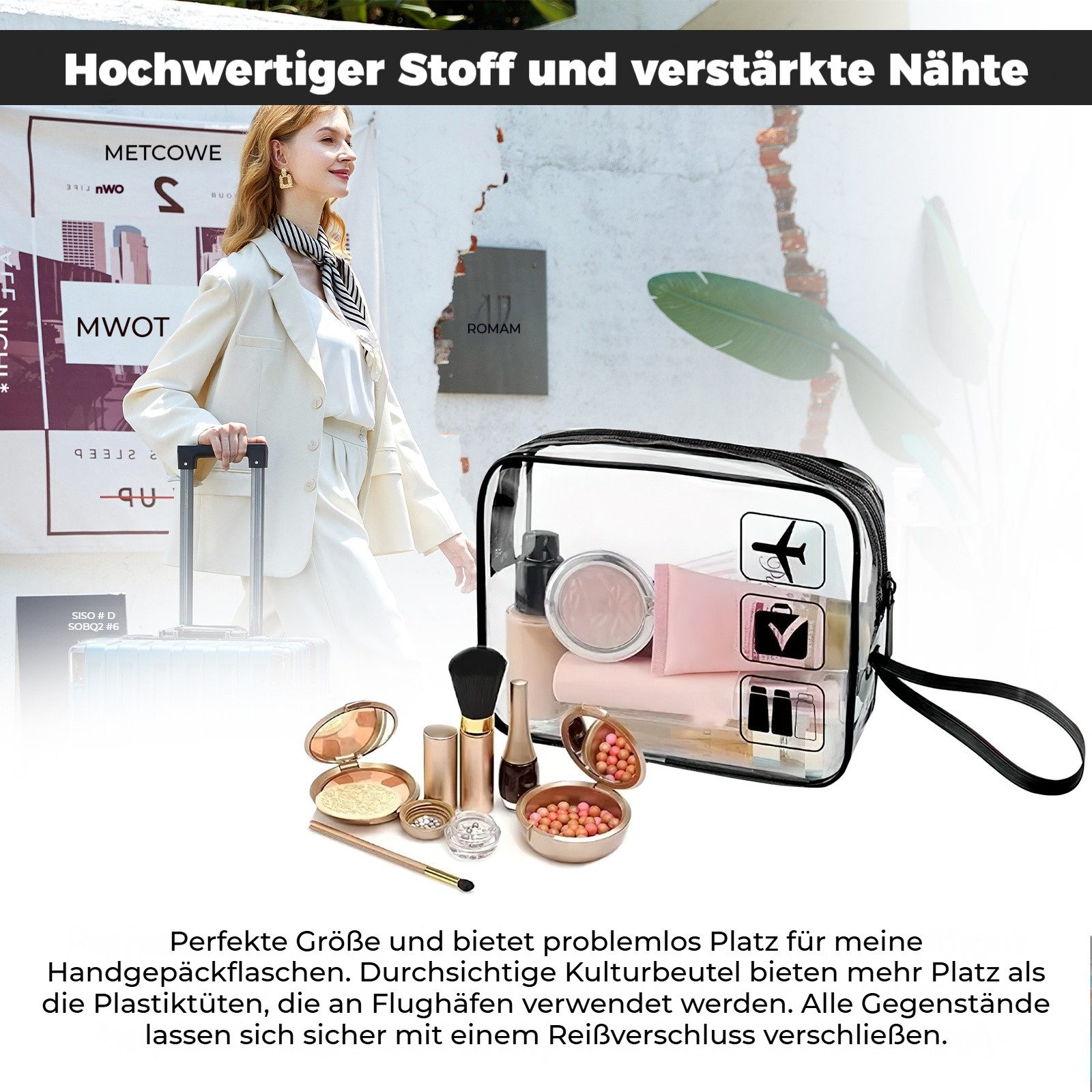 BlingBin Kulturbeutel Transparent, Kosmetiktasche Durchsichtig mit Handschlaufe (2er Set, 2-tlg., Produktabmessungen: 20*6*15cm), Wasserdicht PVC Make-up Tasche mit Reißverschluss für Männer, Frauen