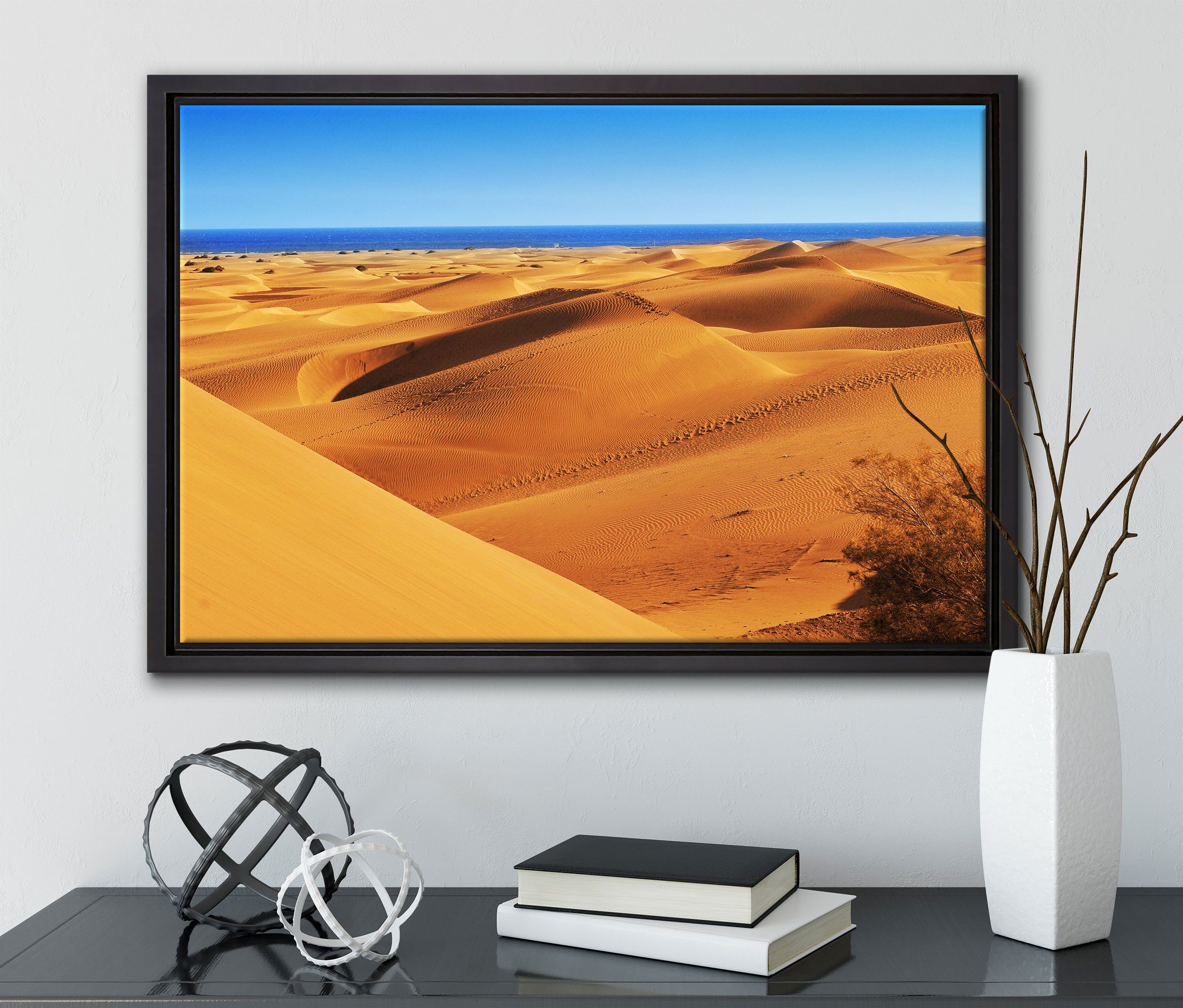 Leinwandbild Wüste Leinwandbild bespannt, Pixxprint Schattenfugen-Bilderrahmen Meer, am Zackenaufhänger einem gefasst, St), inkl. (1 Wanddekoration fertig in