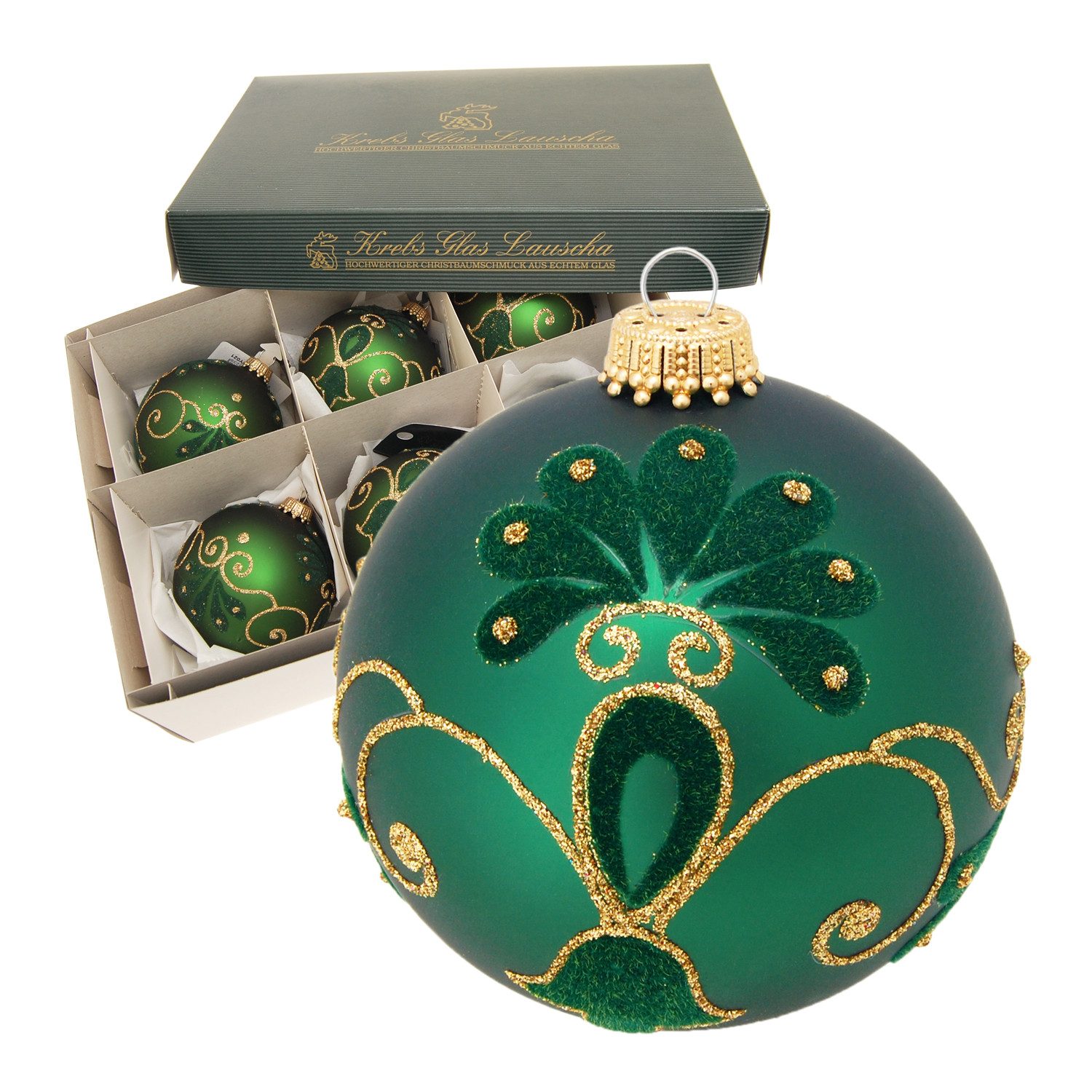 Weihnachtsbaumkugel 6er Set - Glasanhänger - Tannengrün mit Blüten und Goldglitter - 8cm
