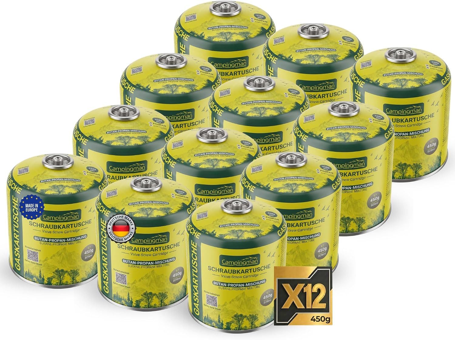 Campingman Gaskartusche 450g Butan-Propan Gas, Zubehör für Campingkocher, Weber Gasgrill, Camping & Outdoor, 12 St., EN417 Schraubkartusche mit Schraubventil