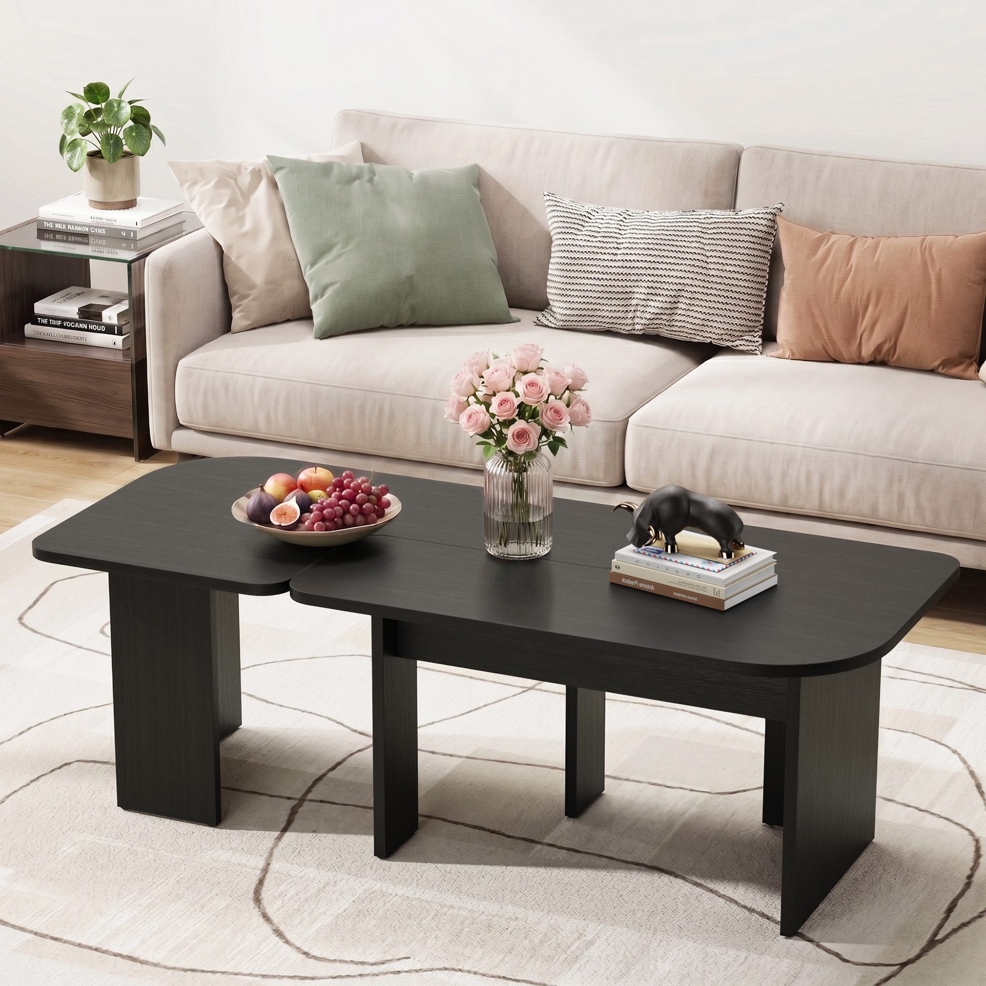 OYRREU Couchtisch Modulares Beistelltisch-Set 2-tlg. Schwarz Holzoptik, 90x52x45,5 cm (Sofatisch Set aus 2, Moderne Kaffeetische für Wohnzimmer & Schlafzimmer), unregelmäßiger verdickter Beistelltisch mit Runden Ecken, Schwarz