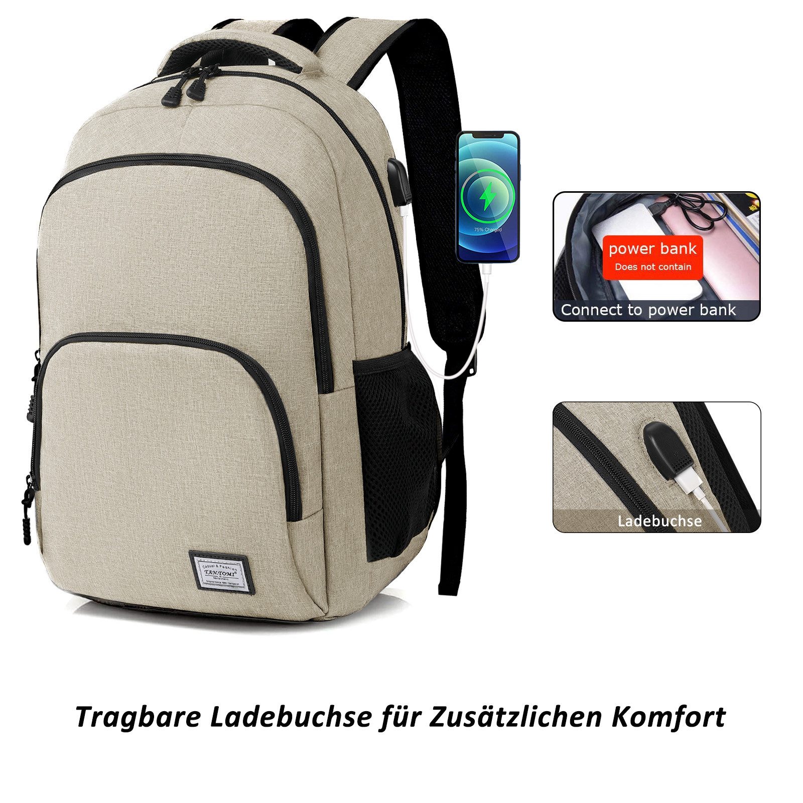 TAN.TOMI Rucksack Laptop Rucksack Herren Große Kapazität Casual Rucksack, für 15,6" Laptop mit USB Ladeanschluss für Reisen