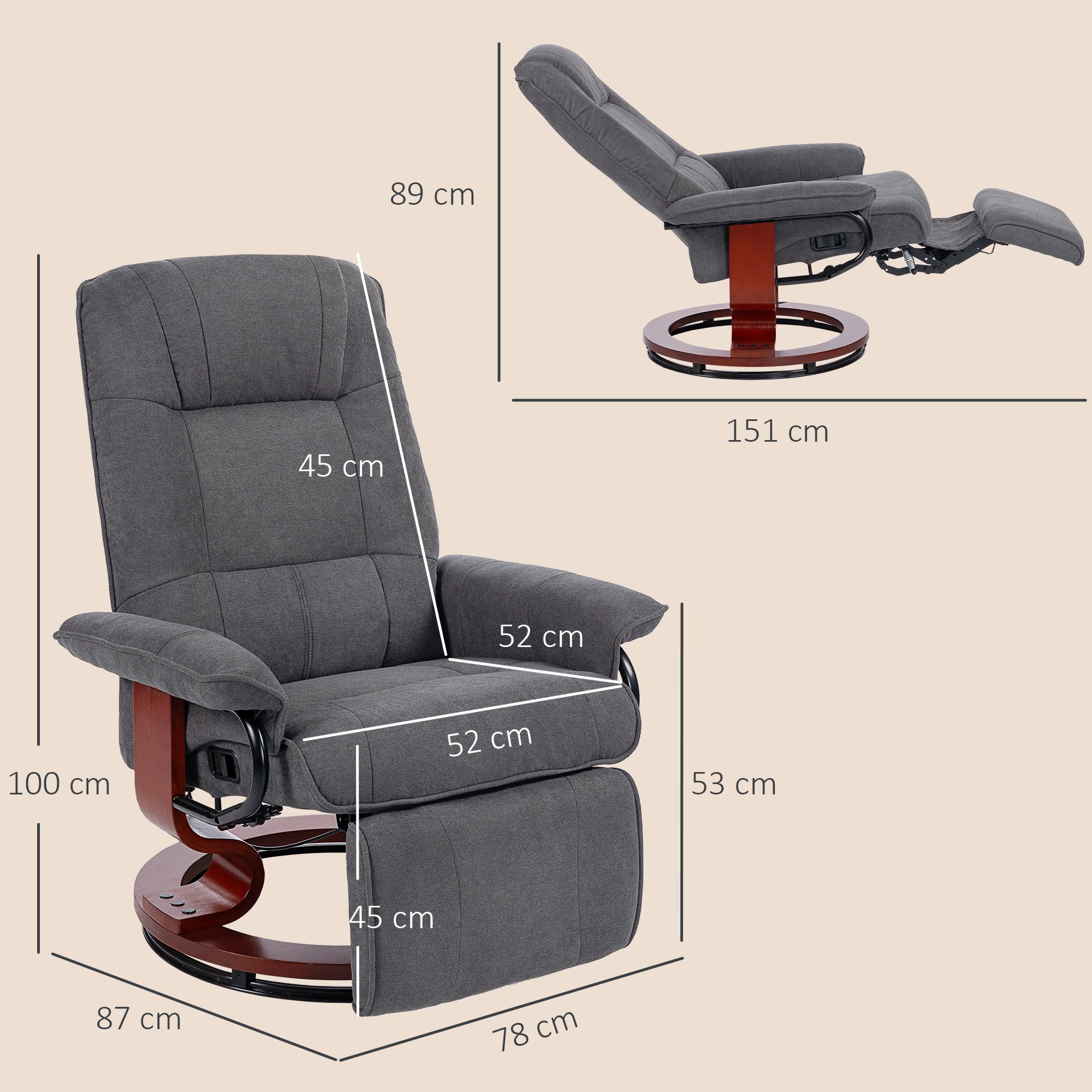 HOMCOM Relaxsessel Fernsehsessel mit Verstellbar Rückenlehne, Fußstütze (TV-Sessel, 1-St., Ruhesessel), 360° drehbar, verstellbar bis 145°, Fußstütze, Leinenoptik