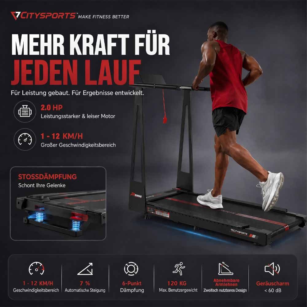 CITYSPORTS Laufband für Zuhause mit Steigung, mit 1400W Bosch Motor,2PS (mit Toolkit und Schmieröl), 1-12 km/h,mit 3 einstellbaren Steigungsstufen, mit App und Bluetooth