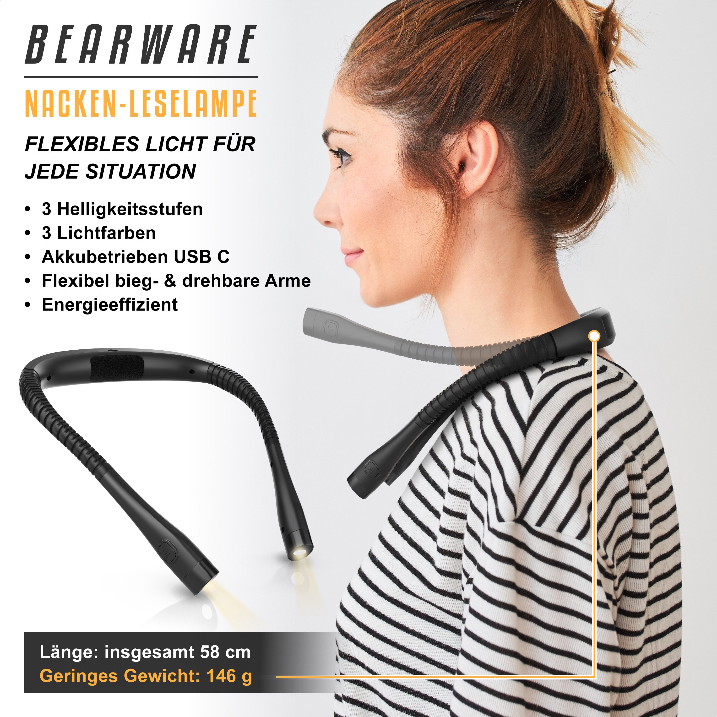 BEARWARE LED Leselampe Nackenlicht für Handarbeit, Stricken & Buch Lesen, flexibel, für Hals, Dimmfunktion; Farbwechsel, LED fest integriert, Neutralweiß, Kaltweiß, Farbwechsler, 3 Helligkeitsstufen, 3 Lichtfarben, 1000mAh Akku, USB-C, augenschonend