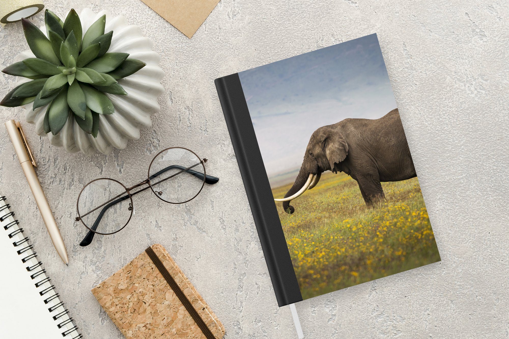 Blumen Tagebuch, Notizheft, Notizbuch Natur, Merkzettel, - Journal, Elefant Tiere Gras A5, 98 MuchoWow Haushaltsbuch - Seiten, - -