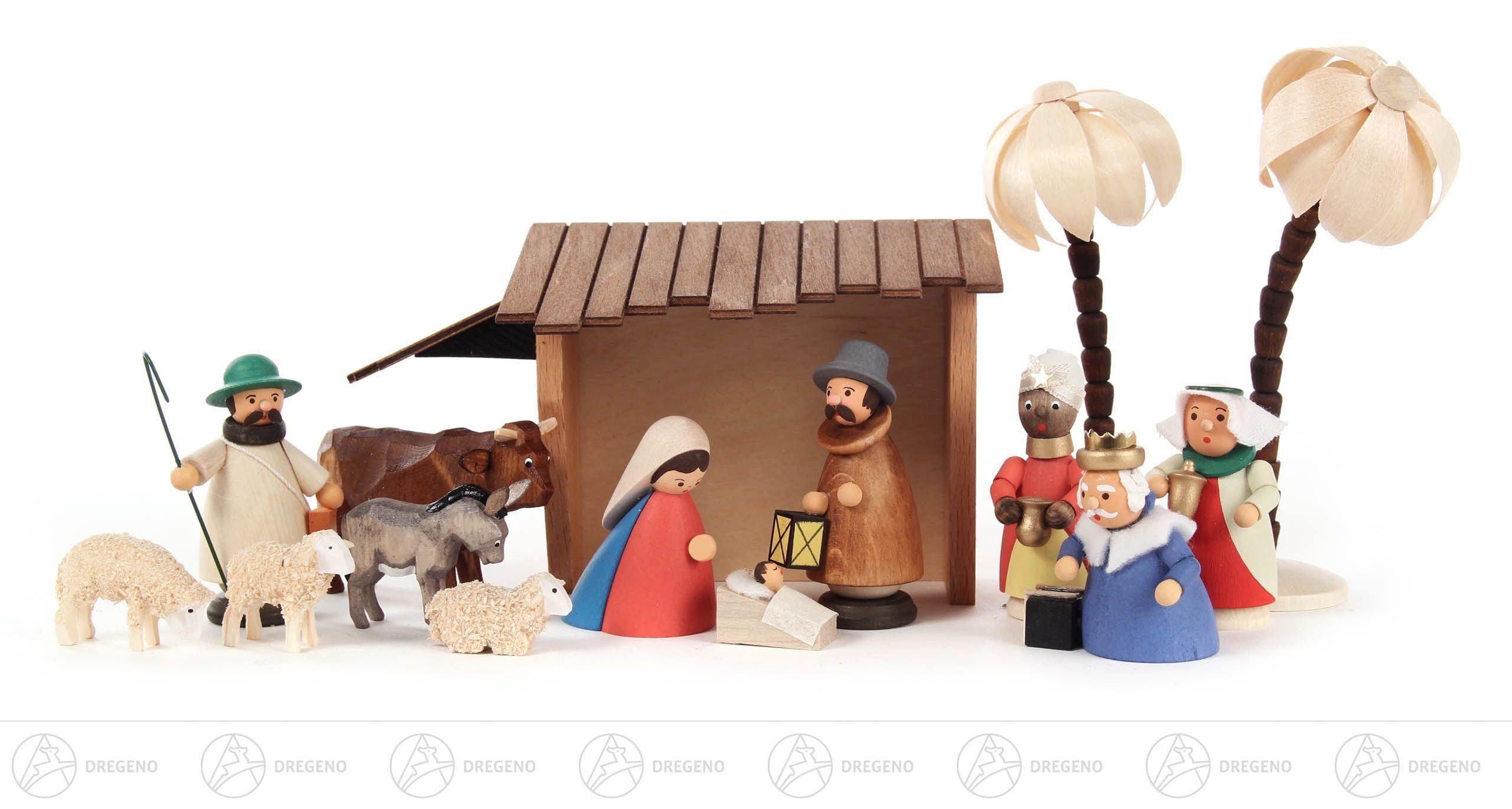 Dregeno Erzgebirge Krippe Krippen und Zubehör Weihnachtskrippe mit Stall, farbig (15) Breite x