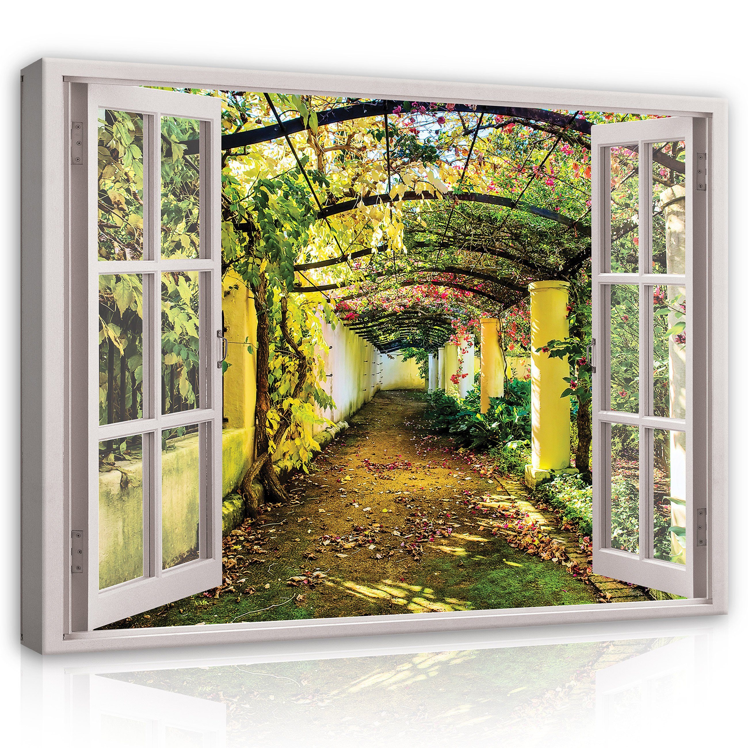 Leinwand Fenster Kunstdruck Wallarena Modern Bilder Allee XXL Schlafzimmer, Wohnzimmer Wandbilder Aufhängefertig Bild für Leinwandbild Fensterblick Natur Leinwandbilder Gasse Groß Canvas Garten (Einteilig), Wandbild Auf