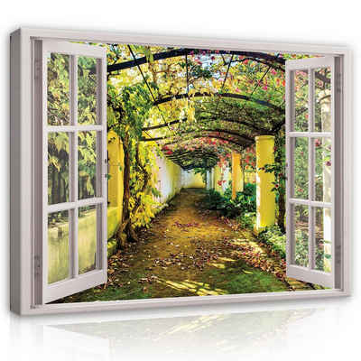 Wallarena Leinwandbild Fensterblick Natur Allee Garten Gasse Fenster Wandbild Groß XXL Wandbilder Leinwandbilder Modern Canvas Kunstdruck Bild Auf Leinwand Bilder für Wohnzimmer Schlafzimmer, (Einteilig), Aufhängefertig