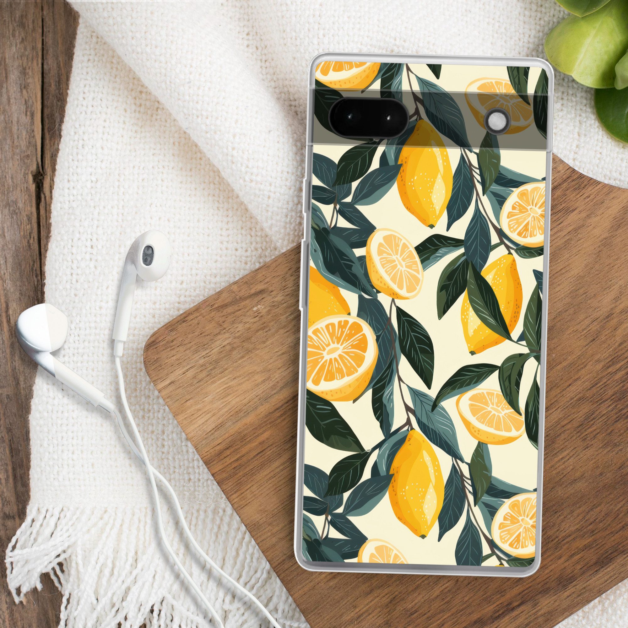MuchoWow Handyhülle für Google Pixel 6a Zitronen - Früchte - Blätter - Gelb - Grün - Beige, Phone Case, Silikon, Schutzhülle Dünn