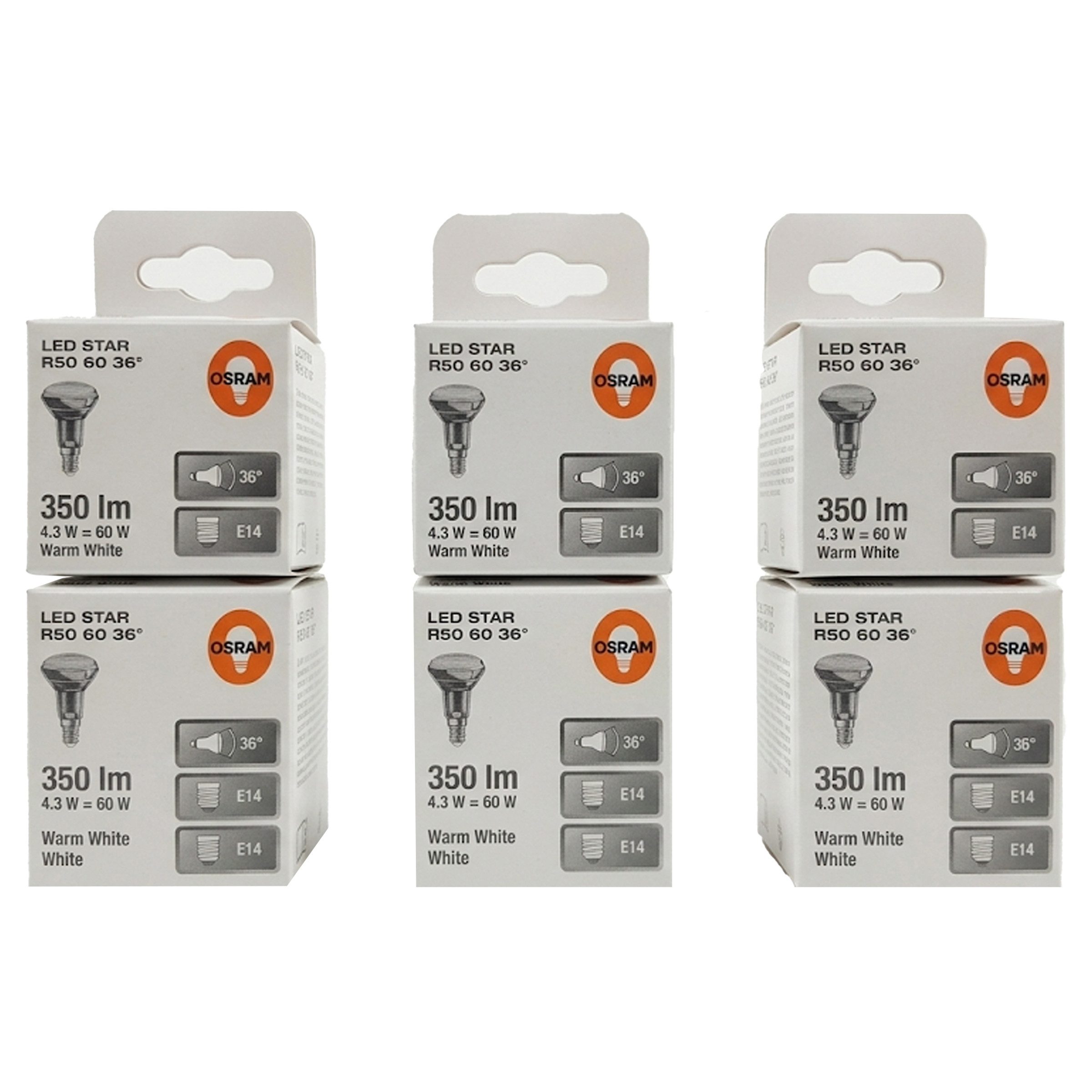 Osram LED-Leuchtmittel Osram LED R50 E14 4,3W/827 230V – 6er-Pack Warmweiß Reflektor, 6 St.