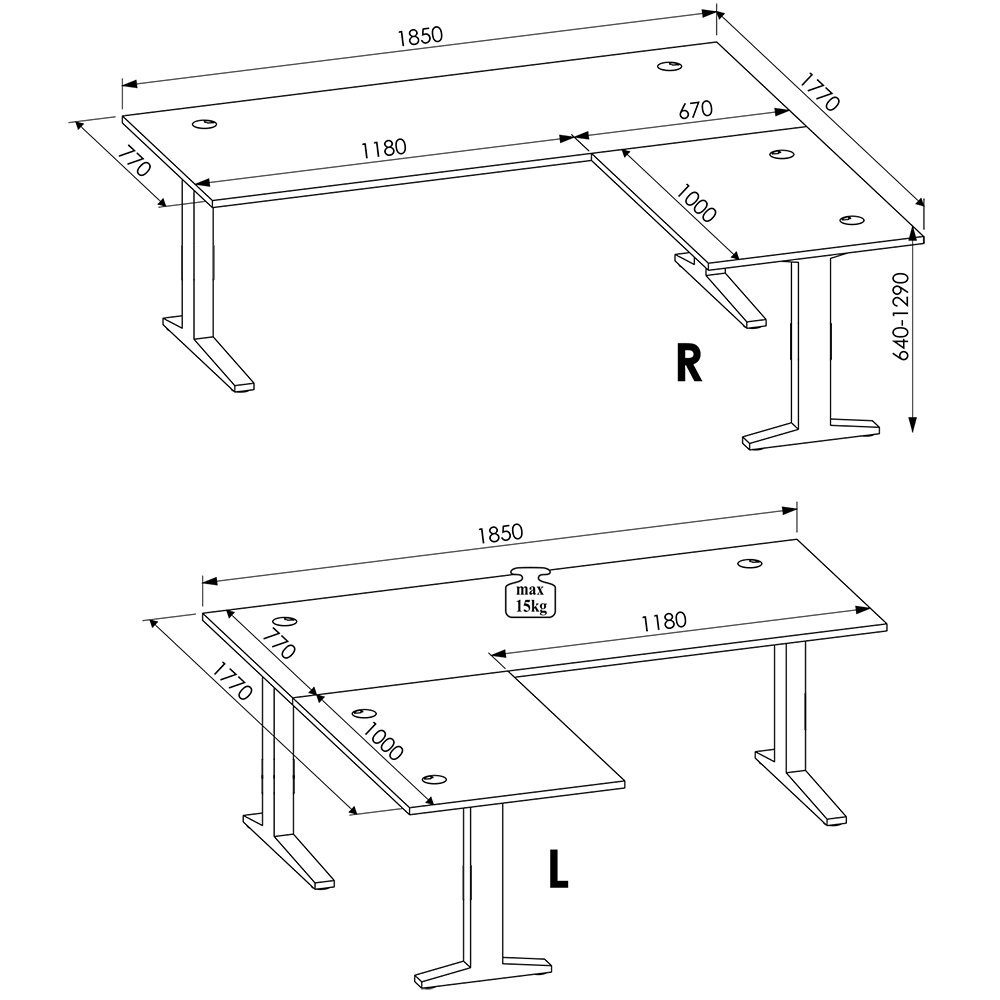 Lomadox Schreibtisch MANRESA-36, Winkelschreibtisch, höhenverstellbar graphit mit Eiche 64-129cm