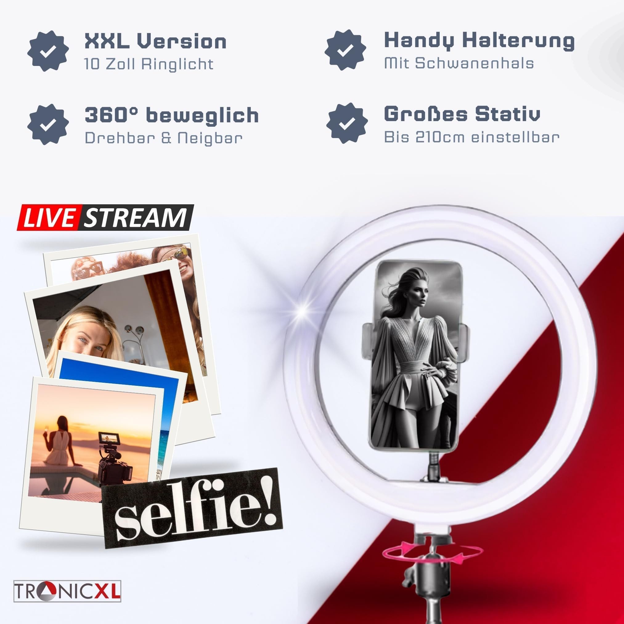 TronicXL Ringlicht Ringlicht mit Stativ Handy Smartphone Halterung Selfie 2m groß hoch, Live-Streaming Fotografie Live Streamer