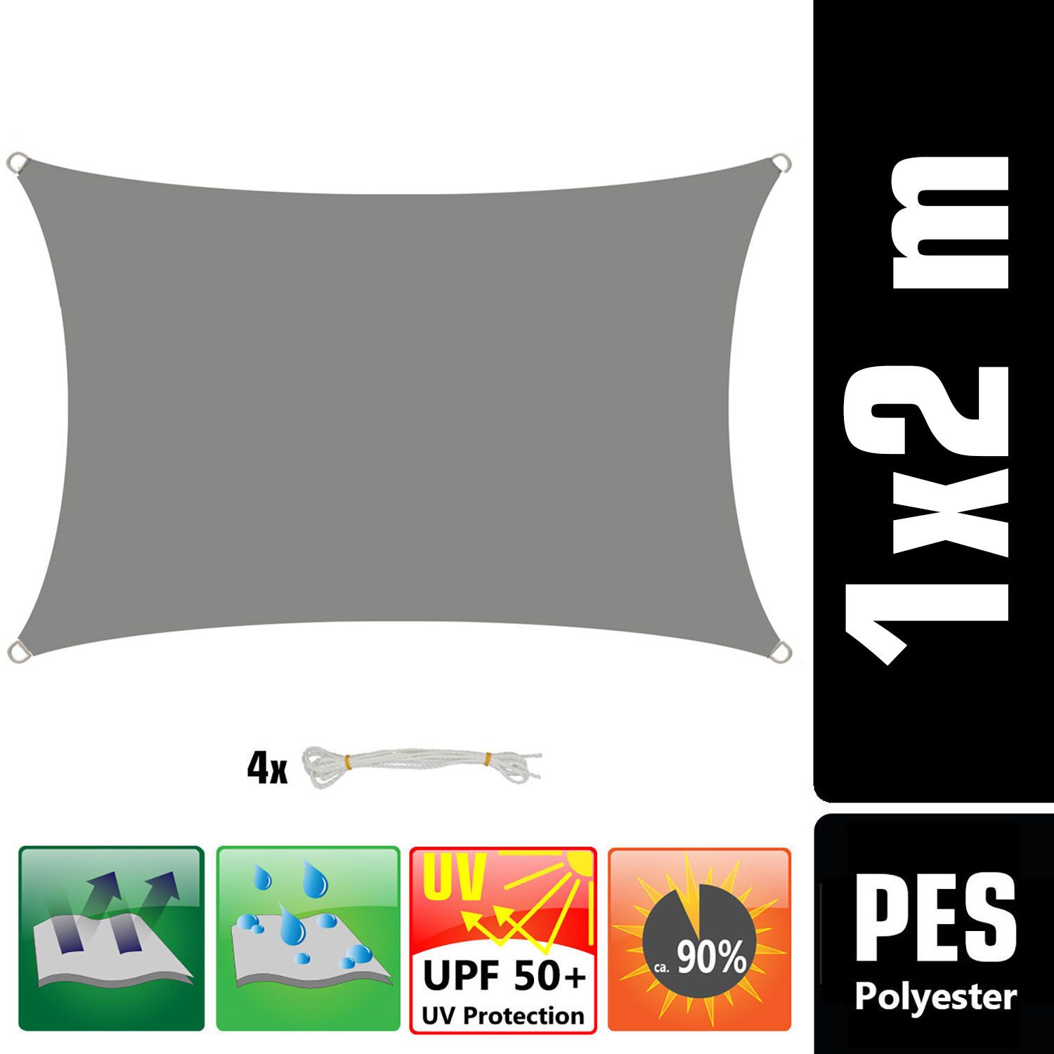 AMANKA Sonnensegel mit UV Schutz - 2 x 1 m Wasserdicht - Sonnenschutz für Garten & Balkon, Polyester Sonnenschutzsegel Rechteckig - Überdachung mit Regenschutz