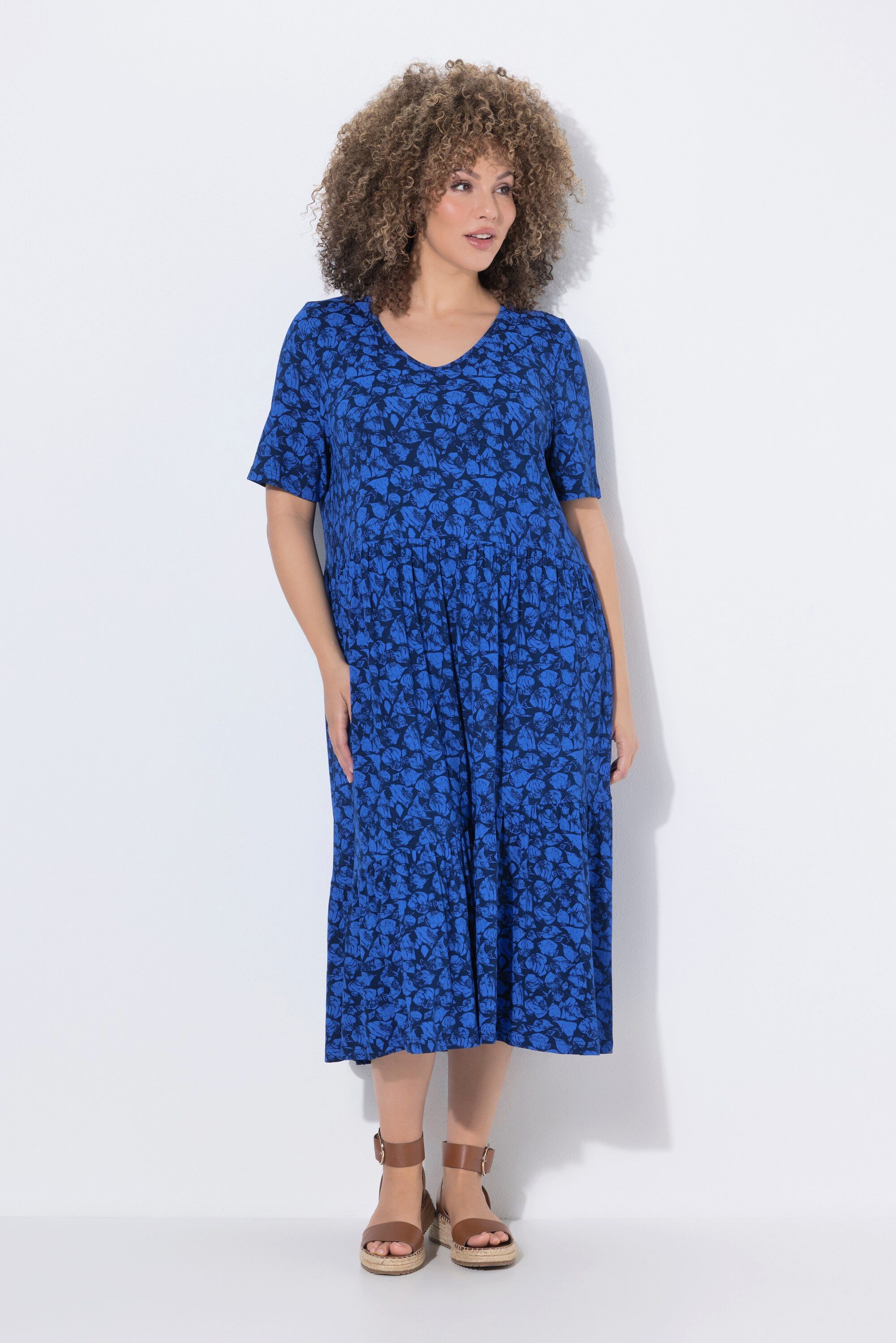 Ulla Popken Midikleid Jerseykleid Volants A-Linie V-Ausschnitt Halbarm