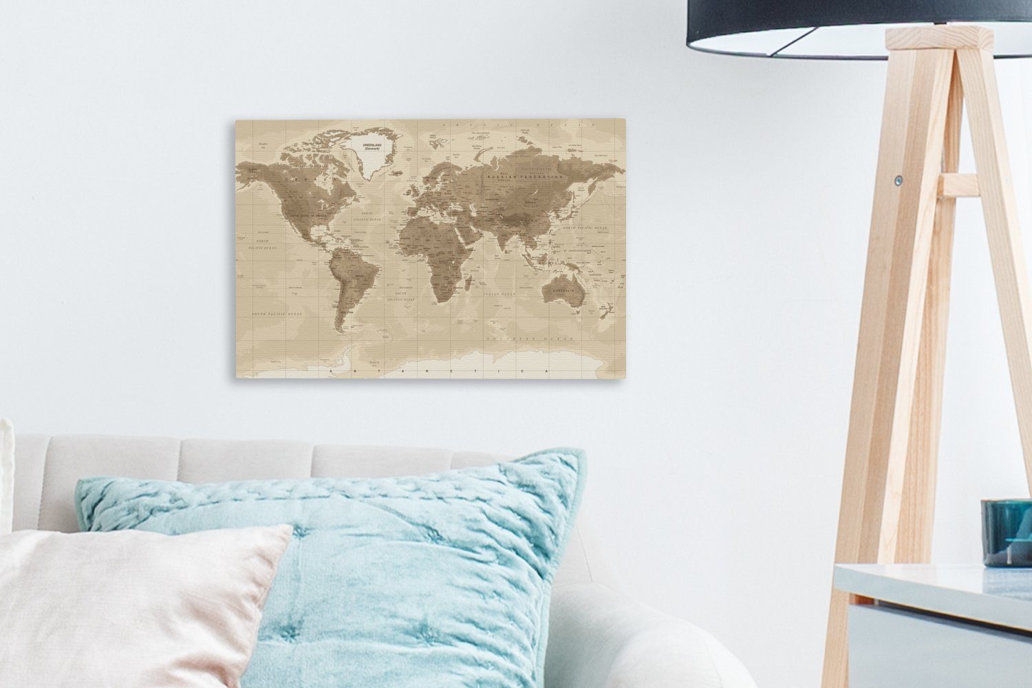 OneMillionCanvasses® Leinwandbild Weltkarte - Vintage - Braun, Fotodruck (1 St), Leinwand Bilder Klein, Wand Dekoration Aesthetic 30x20 cm