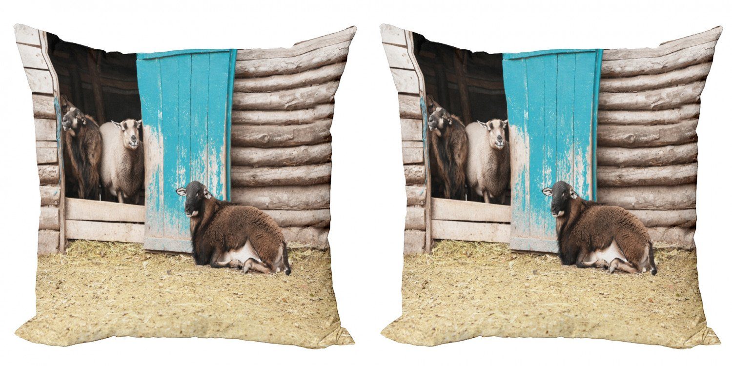 Kissenbezüge Modern Accent Doppelseitiger Digitaldruck, Abakuhaus (2 Stück), Bauernhoftier Schafe in der Hütte