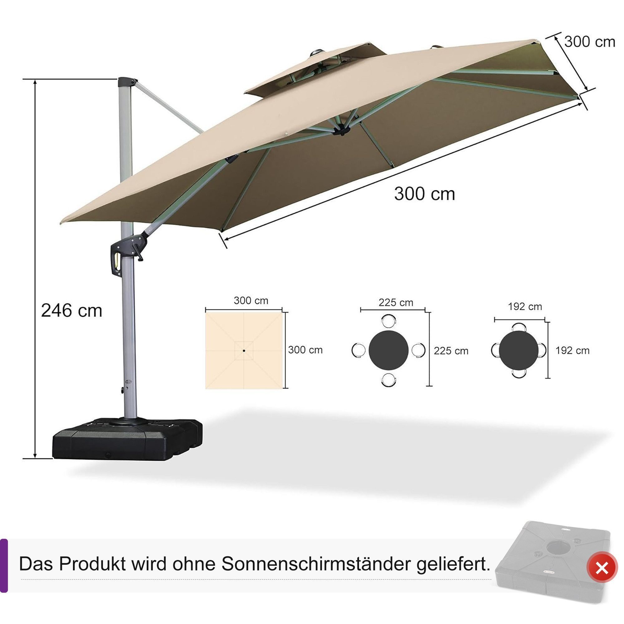 PURPLE LEAF Sonnenschirm Quadratischer Außenbereich Alu Ampelschirm, Gartenschirm, LxB: 300,00x300,00 cm, 360°Rotation, Sonnenschutz UV50+, Für Balkone, Gärten  – Bild 2 von 5