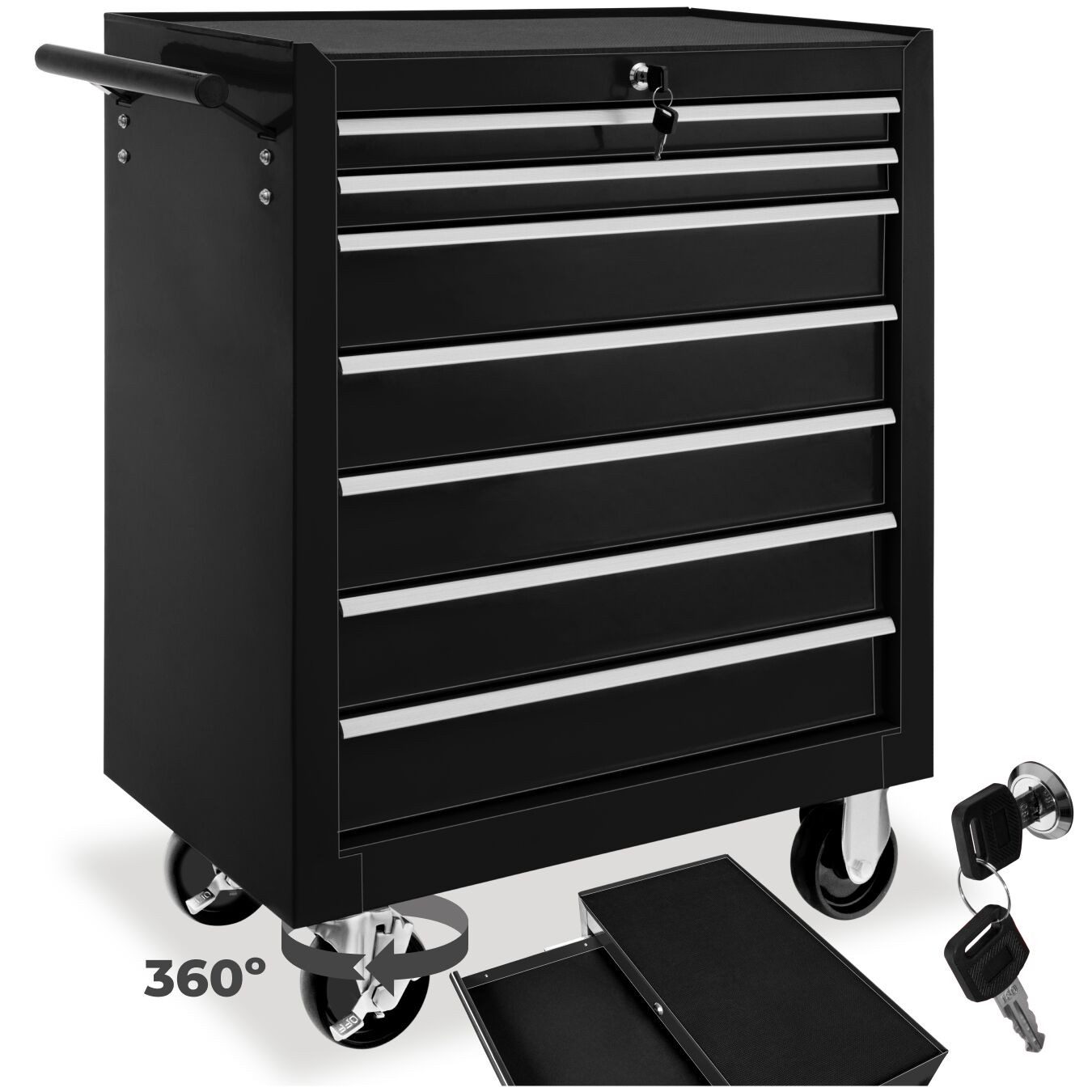 tectake Інструментwagen Werkstattwagen mit 7 Schubladen, schwarz, 7 kugelgelagerte Schubladen mit Antirutschmatten