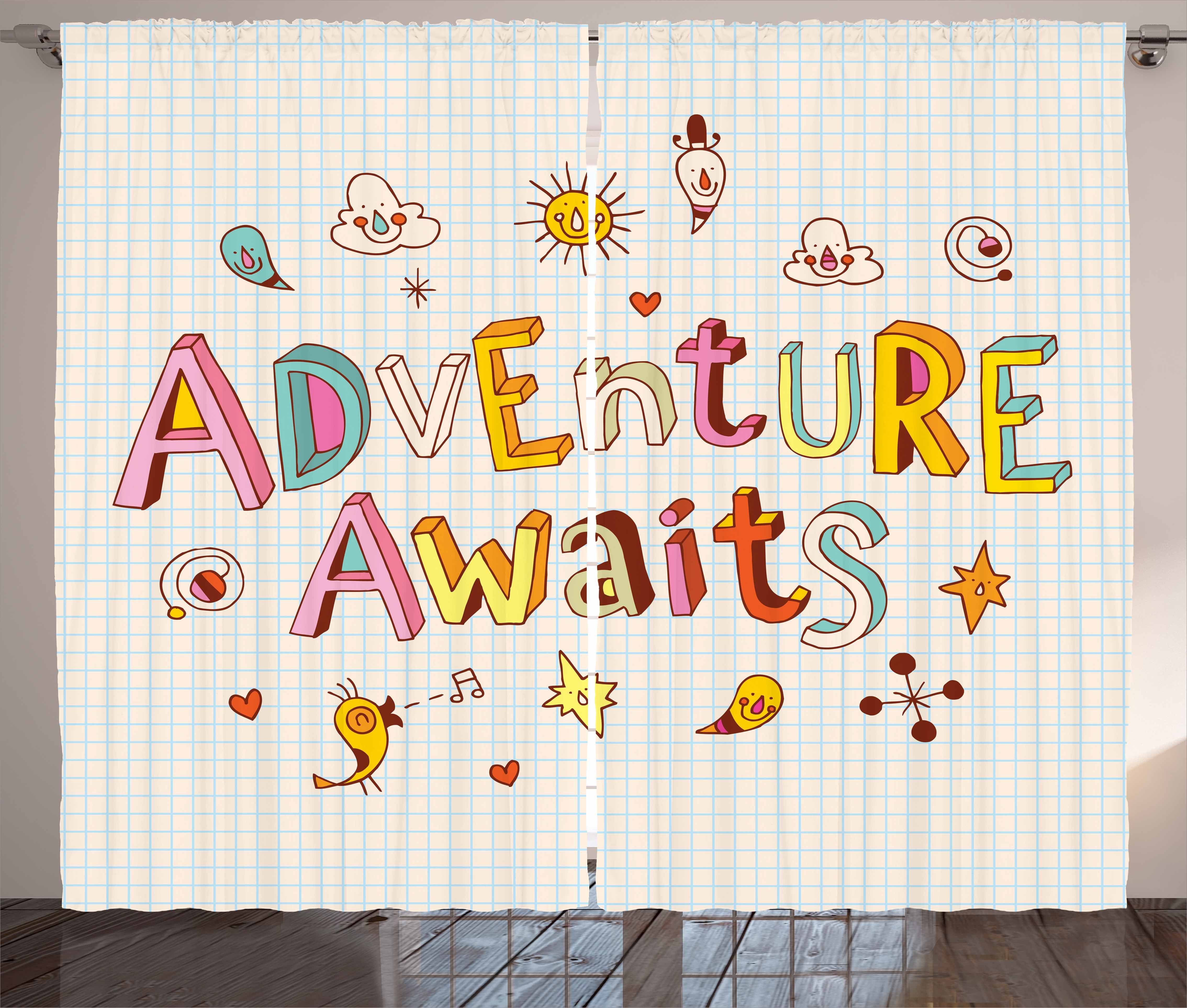 Haken, Abakuhaus, Doodle mit Kräuselband Gardine und Wörter Schlaufen Cartoon Abenteuer Schlafzimmer Vorhang