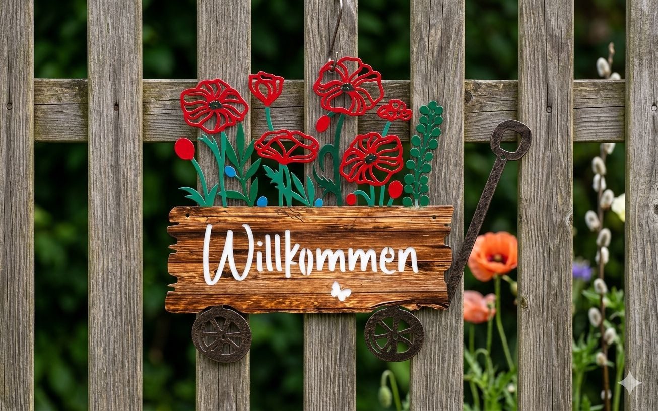 Dragimex Metallschild Gartenschild Bollerwagen Willkommen – für Gartenzaun & Eingangsbereich