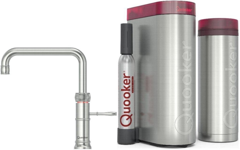 QUOOKER Küchenarmatur QUOOKER CLASSIC FUSION SQUARE VAQ PRO3 mit CUBE 2 (3CFSRVSCUBE) (2-St) 100°C Kochendwasserhahn Edelstahl mit Trinkwassersystem