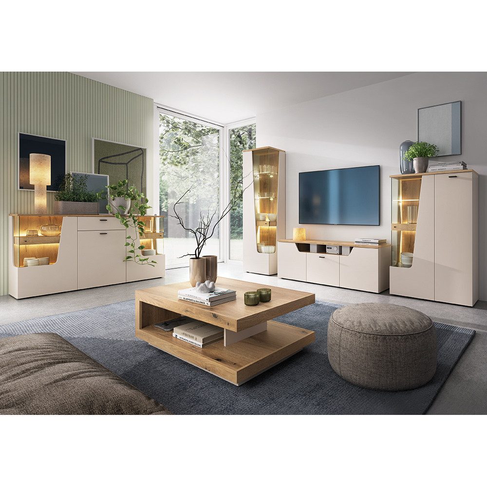 Lomadox Wohnzimmer-Set CARMONA-129, (Mega-Spar-Set, 5-St., Couchtisch Highboard Lowboard Sideboard Vitrine), in Kaschmir und Eiche, inkl. LED-Beleuchtung