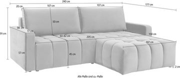 INOSIGN Ecksofa MARVEO L-Form, aufwändige Steppung im Sitzbereich, mit Bettfunktion (Liegefläche: 205x151cm) und Bettkasten (96,5x66,5cm)