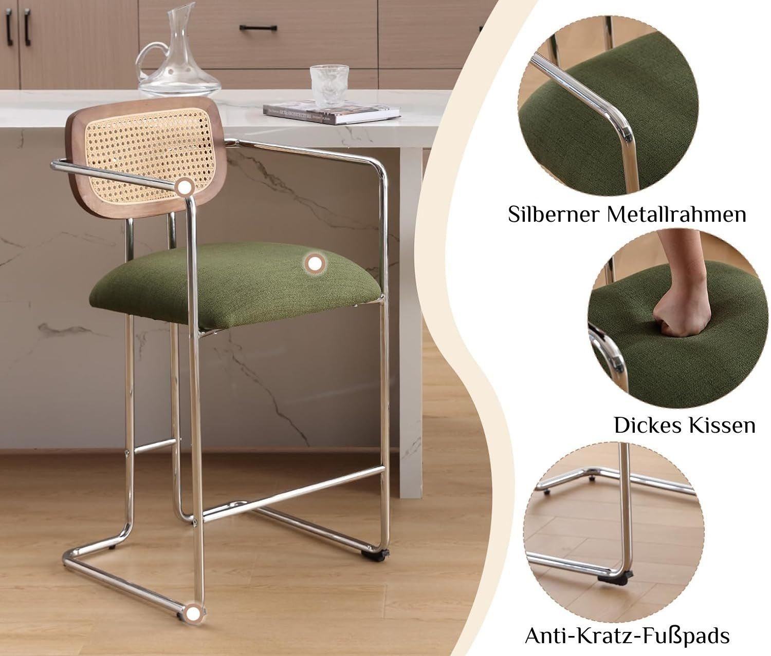 WAHSON OFFICE CHAIRS Barhocker 2er Set Rattan Küchenhocker mit Lehne Sitzfläche aus Teddystoff – Bild 4 von 5