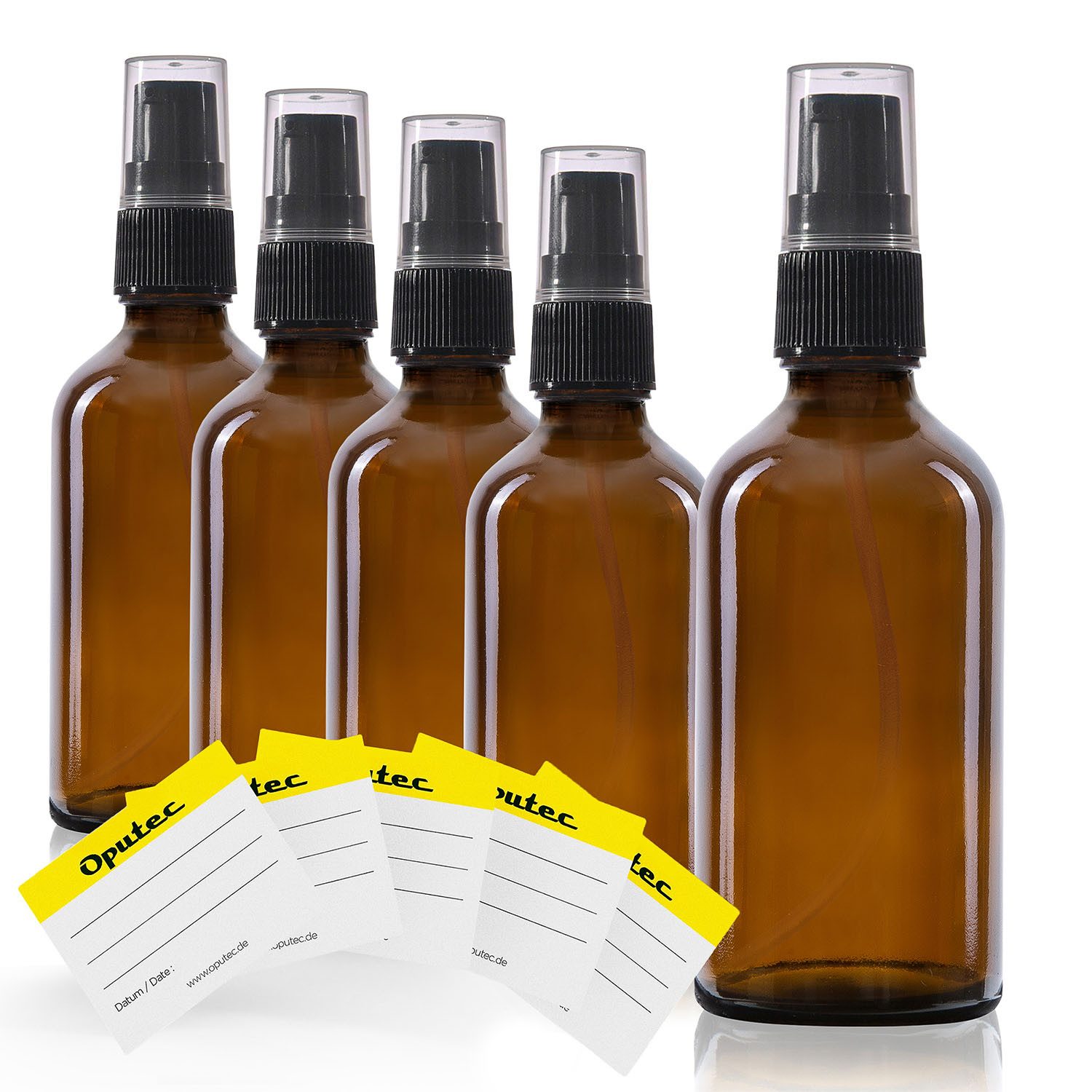 Oputec Seifenspender 5x 50ml Braunglas Pumpspender Cremespender Lotionsflasche + Etiketten, (Sparset, 5 x 50ml)