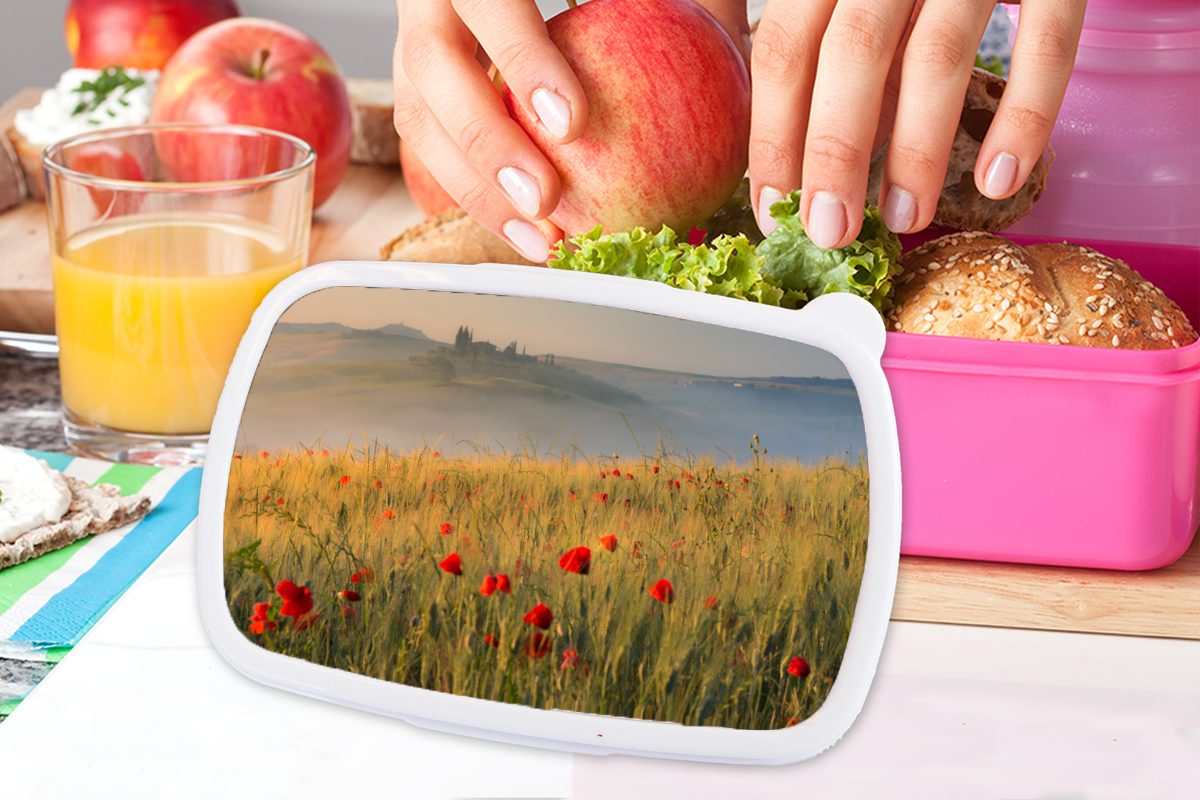 MuchoWow Lunchbox Toskana - (2-tlg), für - Erwachsene, Kunststoff rosa Brotbox Brotdose Kinder, Kunststoff, Snackbox, Mädchen, Hügel, Rosen